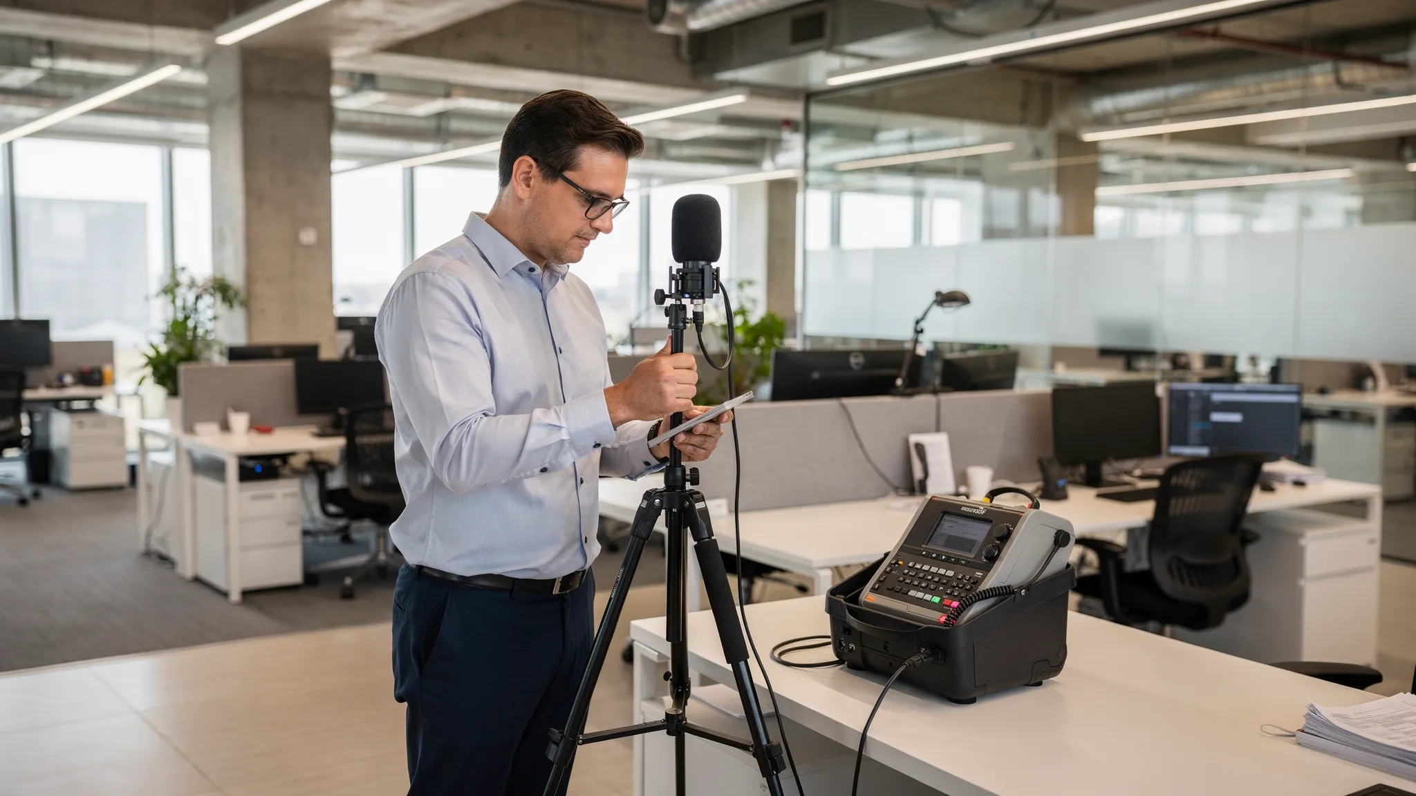 Akoestisch adviseur meet in een modern kantoor met een meetmicrofoon op statief en een draagbare meetunit; op de achtergrond zijn werkplekken en harde oppervlakken zichtbaar.