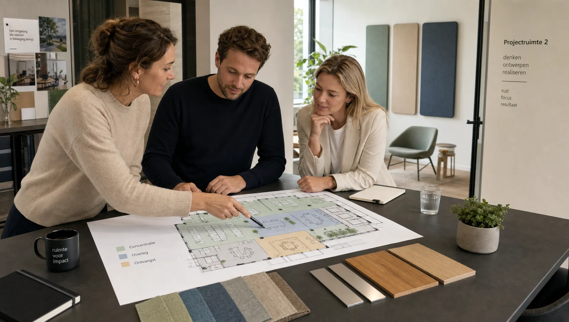 Drie professionals bekijken samen een plattegrond van een moderne kantoorruimte aan een hoge overlegtafel, met gemarkeerde zones voor concentratie, overleg en ontvangst. Naast de plattegrond liggen materiaalstalen van textiel, hout en aluminium, terwijl op de achtergrond een rustige projectruimte met een paar akoestische panelen zichtbaar is.