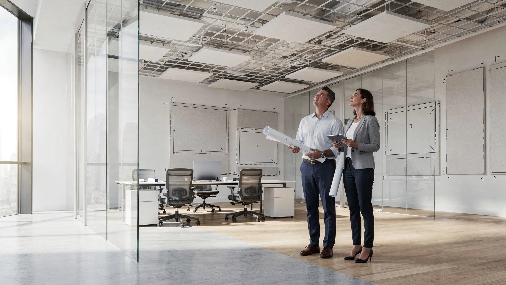 Een akoestisch adviseur en interieurontwerper beoordelen samen een moderne kantoorruimte met harde vloeren, glazen wanden en mogelijke locaties voor akoestische plafondpanelen en wandpanelen.
