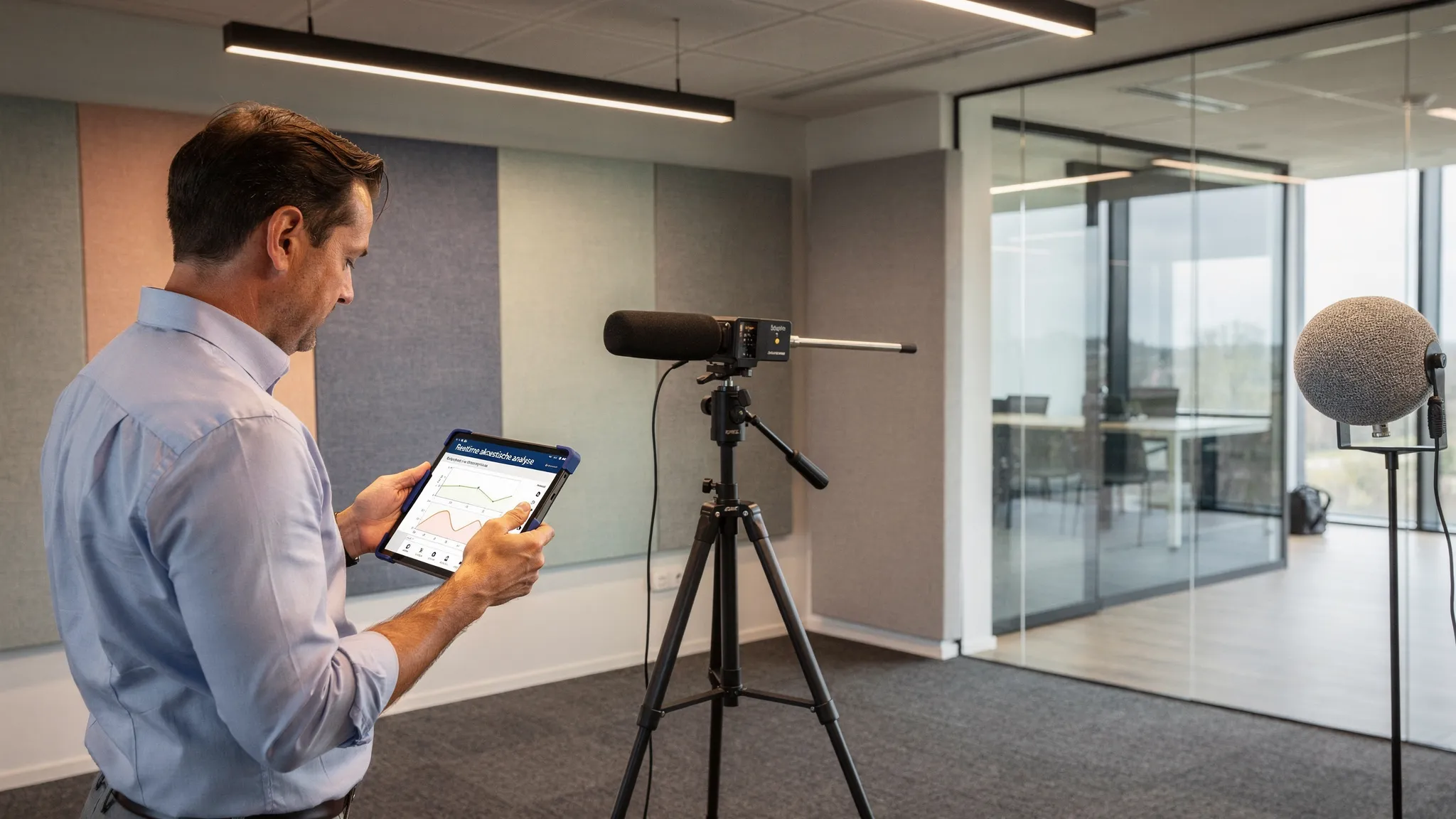 Een akoestisch adviseur voert een professionele ruimteakoestische meting uit in een modern kantoor met meetmicrofoon op statief, een omnidirectionele geluidsbron en een tablet voor realtime analyse; op de achtergrond zijn harde en zachte oppervlaktes zichtbaar zoals glas, tapijt en akoestische panelen.