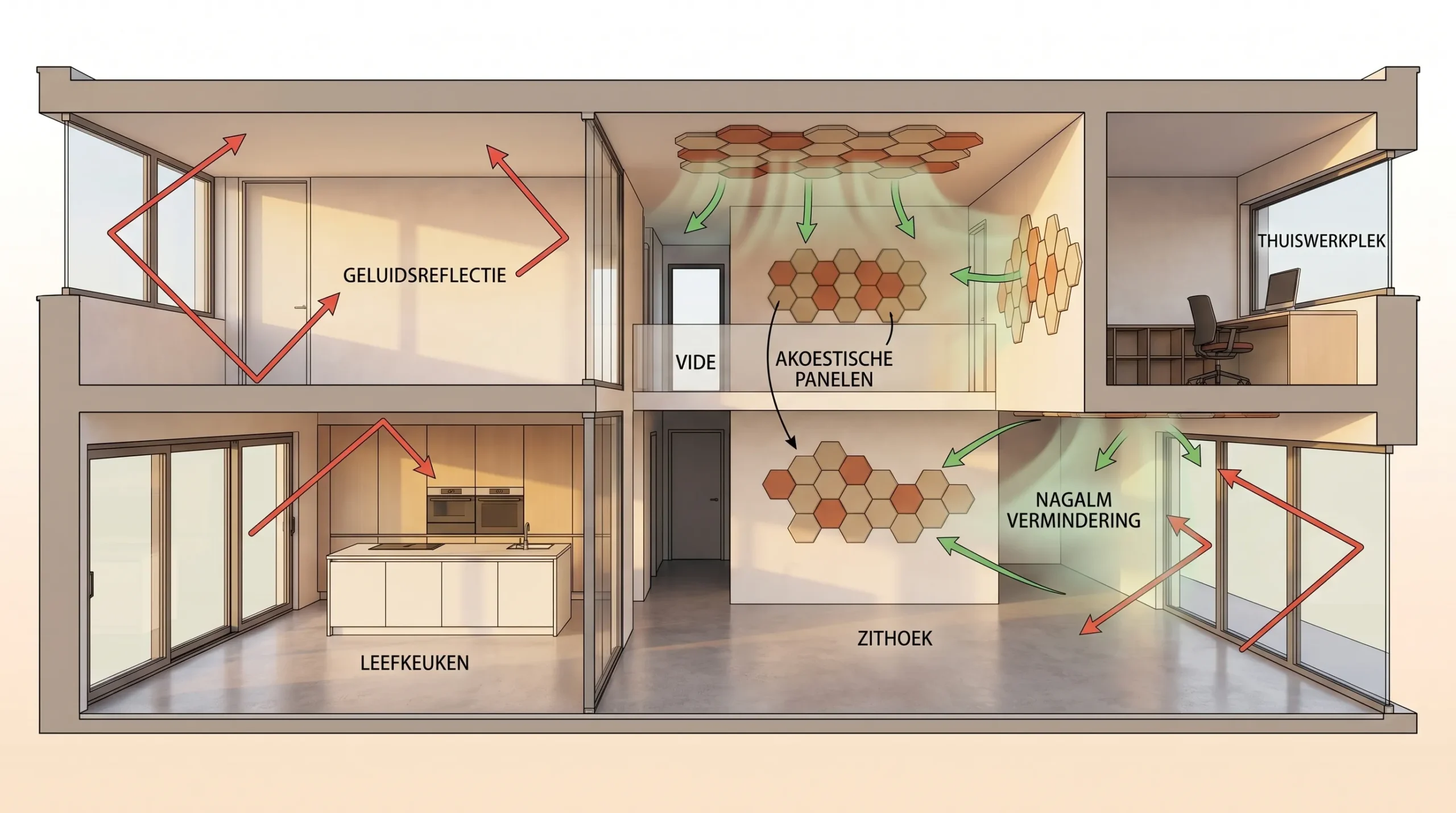Een eenvoudige doorsnede van een moderne open nieuwbouwwoning met leefkeuken, zithoek, vide en thuiswerkplek. De illustratie toont harde oppervlakken zoals glas, vloer en stucwerk, met pijlen voor geluidsreflecties en gemarkeerde akoestische wand- en plafondpanelen die de nagalm verminderen.