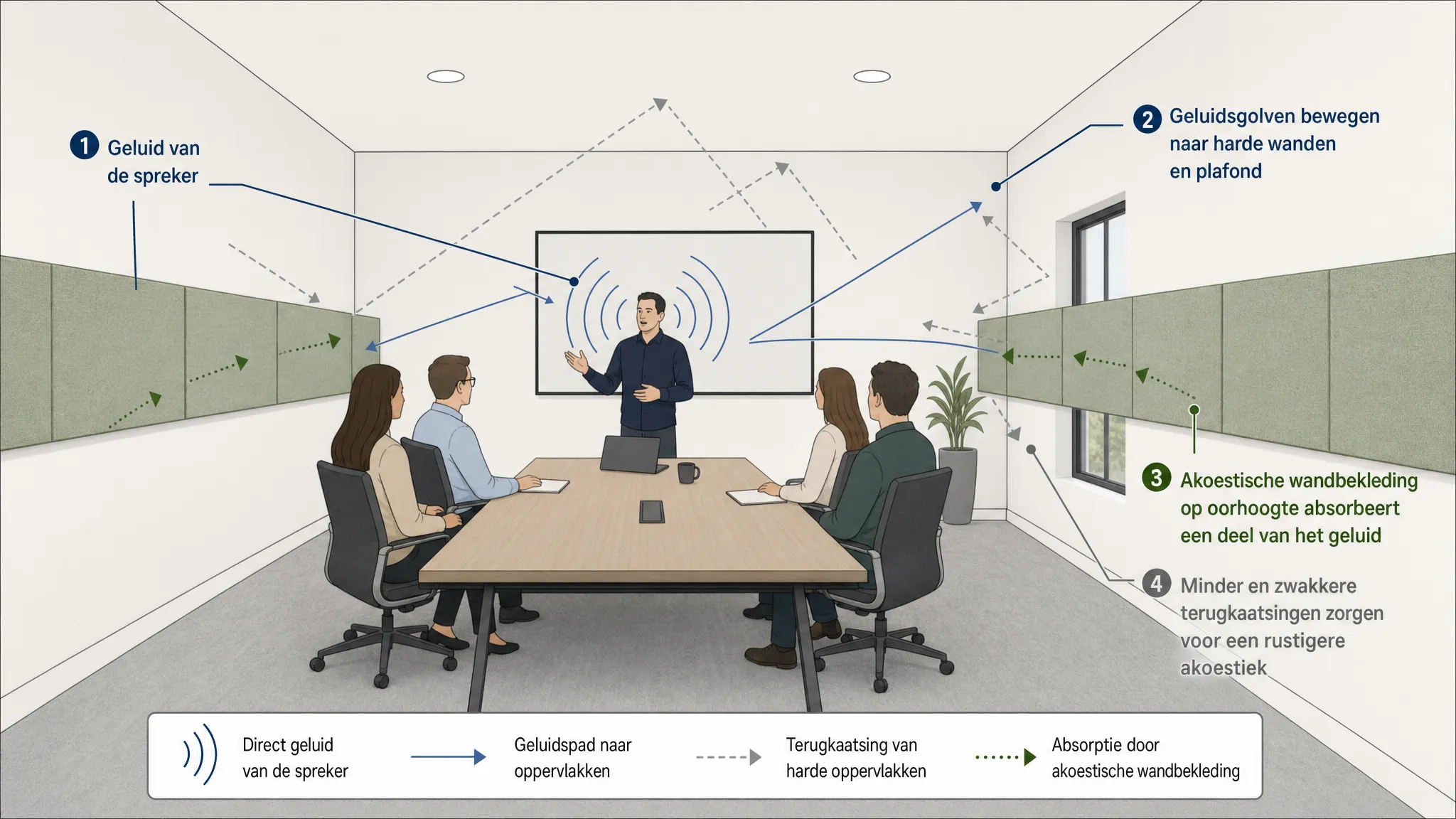 Een eenvoudige illustratie van een vergaderruimte waarin geluidsgolven van een spreker naar harde wanden bewegen en deels worden geabsorbeerd door akoestische wandbekleding op oorhoogte. De tekening toont een tafel, stoelen, twee behandelde wandvlakken en minder terugkaatsende reflecties.