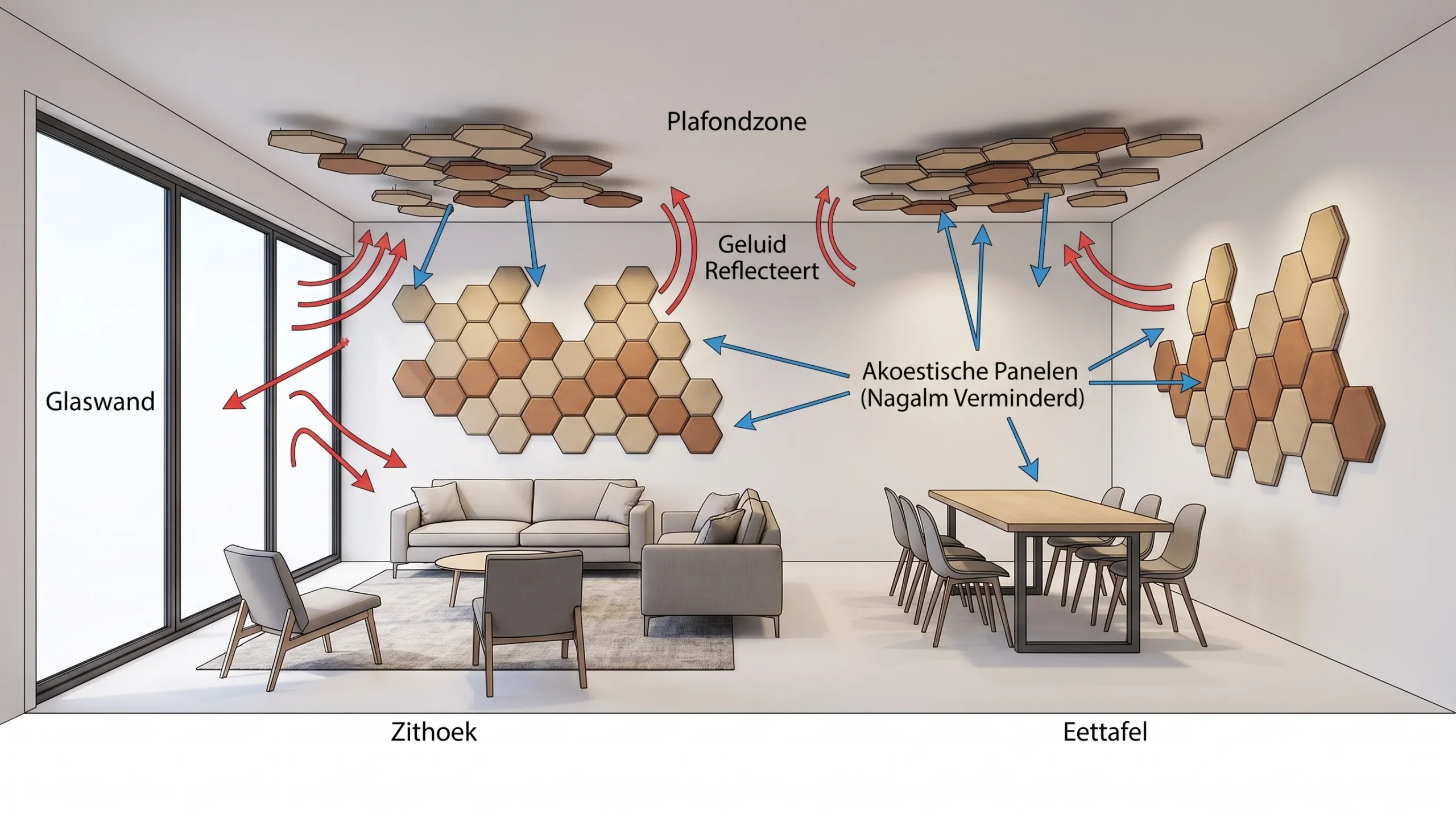 Een eenvoudige plattegrond van een moderne woonkamer met vier akoestische aandachtspunten: zithoek, eettafel, glaswand en plafondzone. De illustratie toont waar geluid reflecteert en waar akoestische wand- of plafondpanelen de nagalm kunnen verminderen.