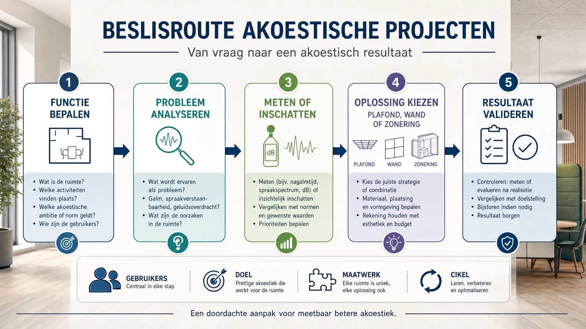 Een heldere beslisroute voor akoestische projecten met vijf stappen, weergegeven als een overzichtelijk schema in een conceptuele omgeving: functie bepalen, probleem analyseren, meten of inschatten, oplossing kiezen voor plafond, wand of zonering, en resultaat valideren.