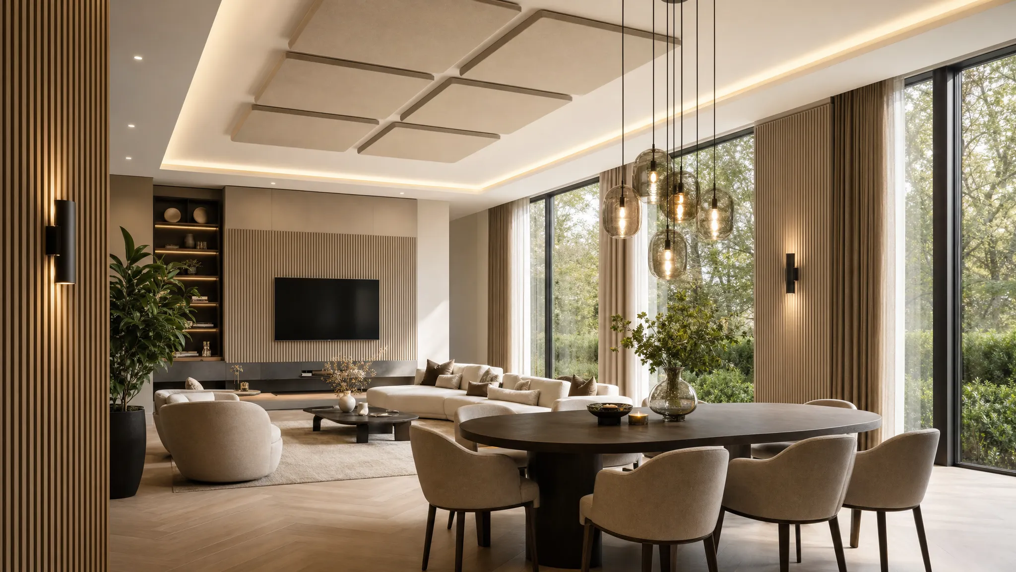 Een luxe open woonkamer met hoge ramen, een zachte zithoek, een eettafel en subtiel geïntegreerde akoestische wandpanelen en plafondpanelen die passen bij het interieur, gezien vanuit een hoek van de ruimte.
