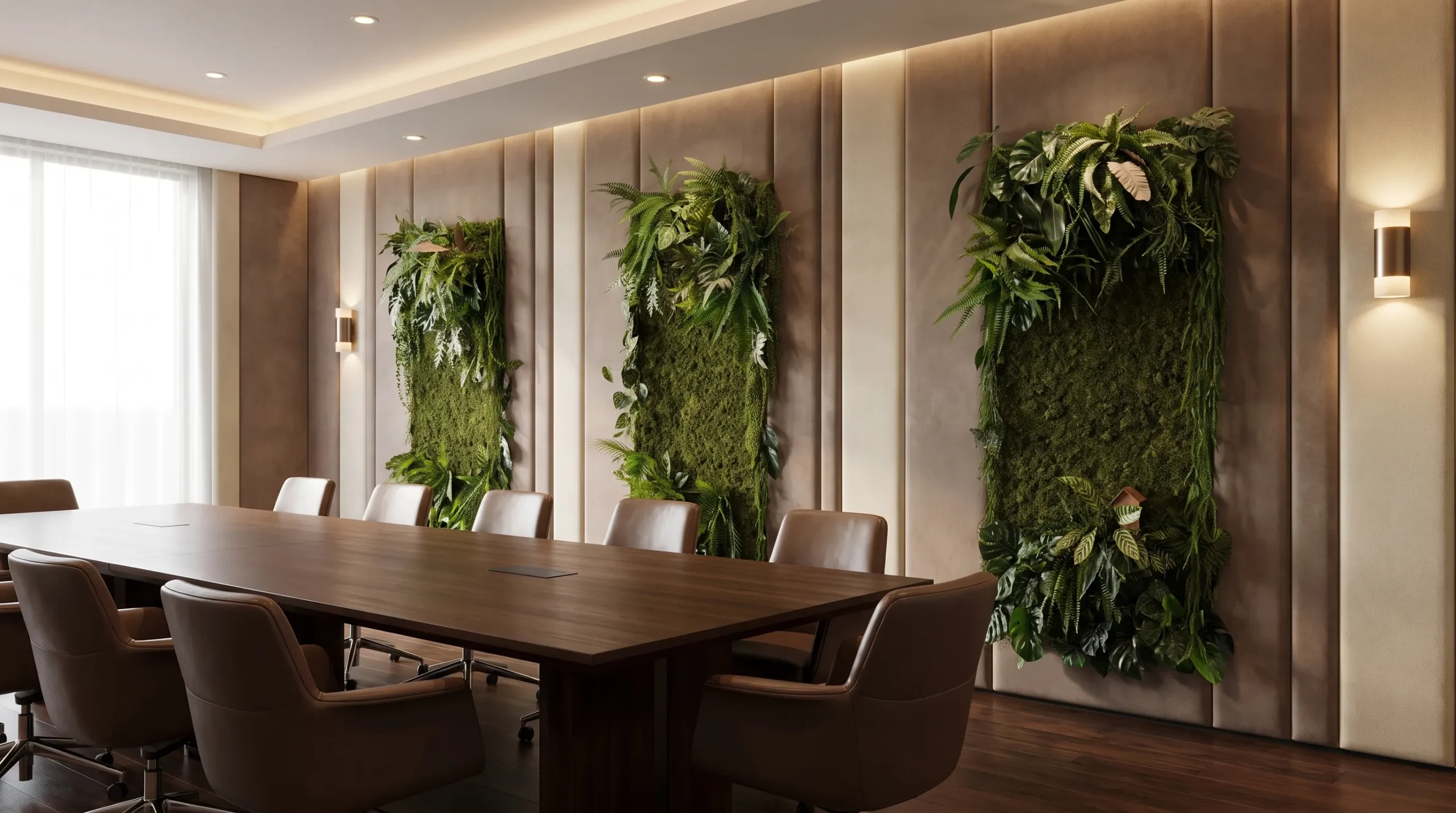 Een luxe vergaderruimte met een lange houten tafel, zachte verlichting en grote gestoffeerde akoestische wandpanelen in warme neutrale tinten achter de zitplaatsen. De panelen vormen een rustig ritme op de wand en geven de ruimte een comfortabele, hoogwaardige uitstraling.