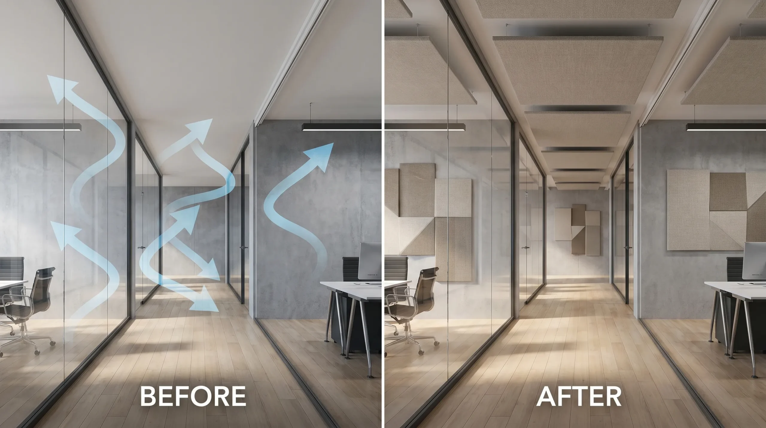 Een modern kantoor met harde materialen (glas, beton, houten vloer) waar geluidsreflecties zichtbaar zijn gemaakt met subtiele pijlen; daarnaast dezelfde ruimte met strategisch geplaatste plafond- en wandpanelen en rustiger geluidsbeeld.