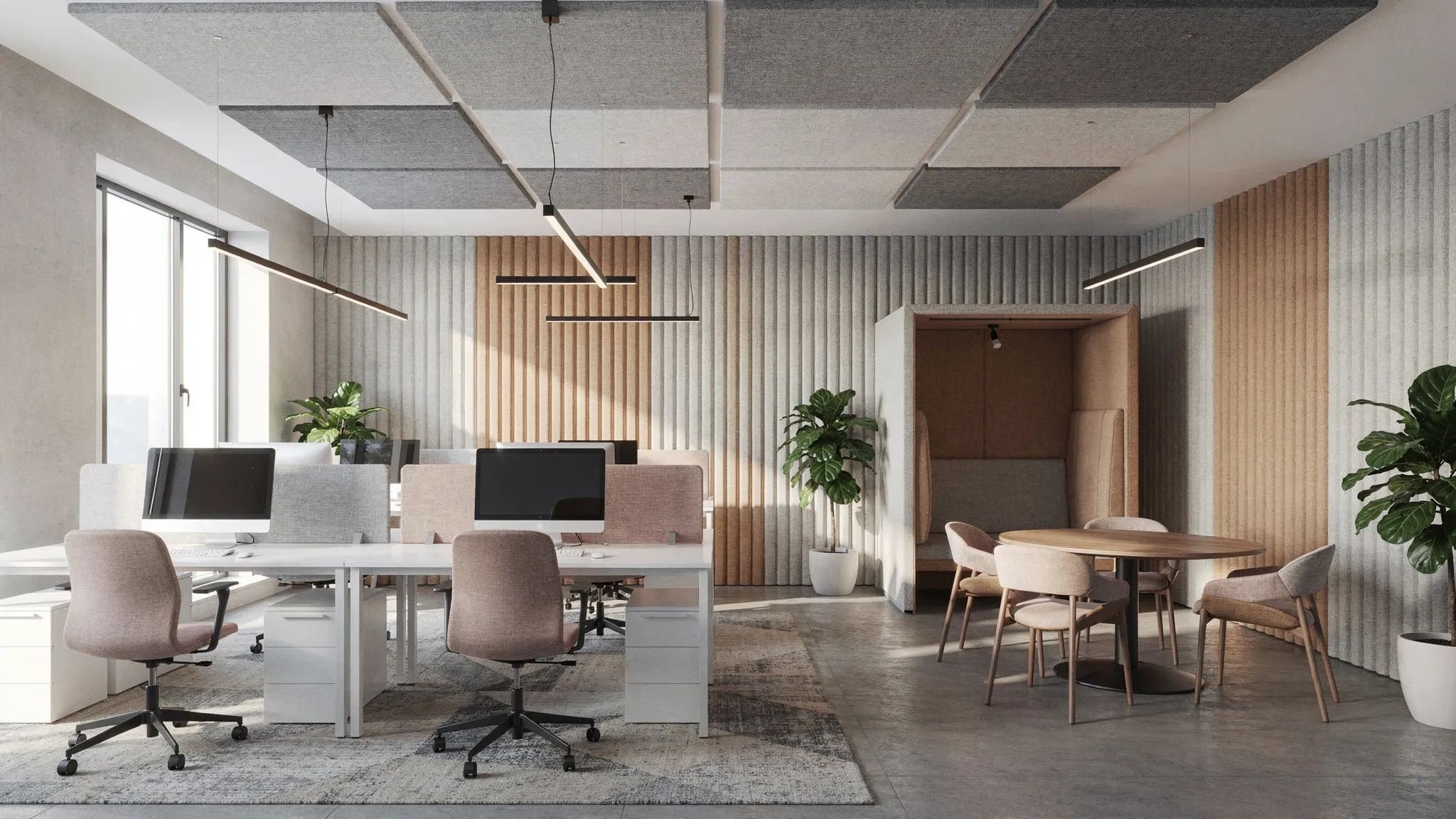 Een modern kantoorinterieur met akoestische plafondpanelen en wandpanelen, zachte materialen, werkplekken en een rustige overlegzone waarin geluidscomfort zichtbaar is geïntegreerd in het ontwerp.