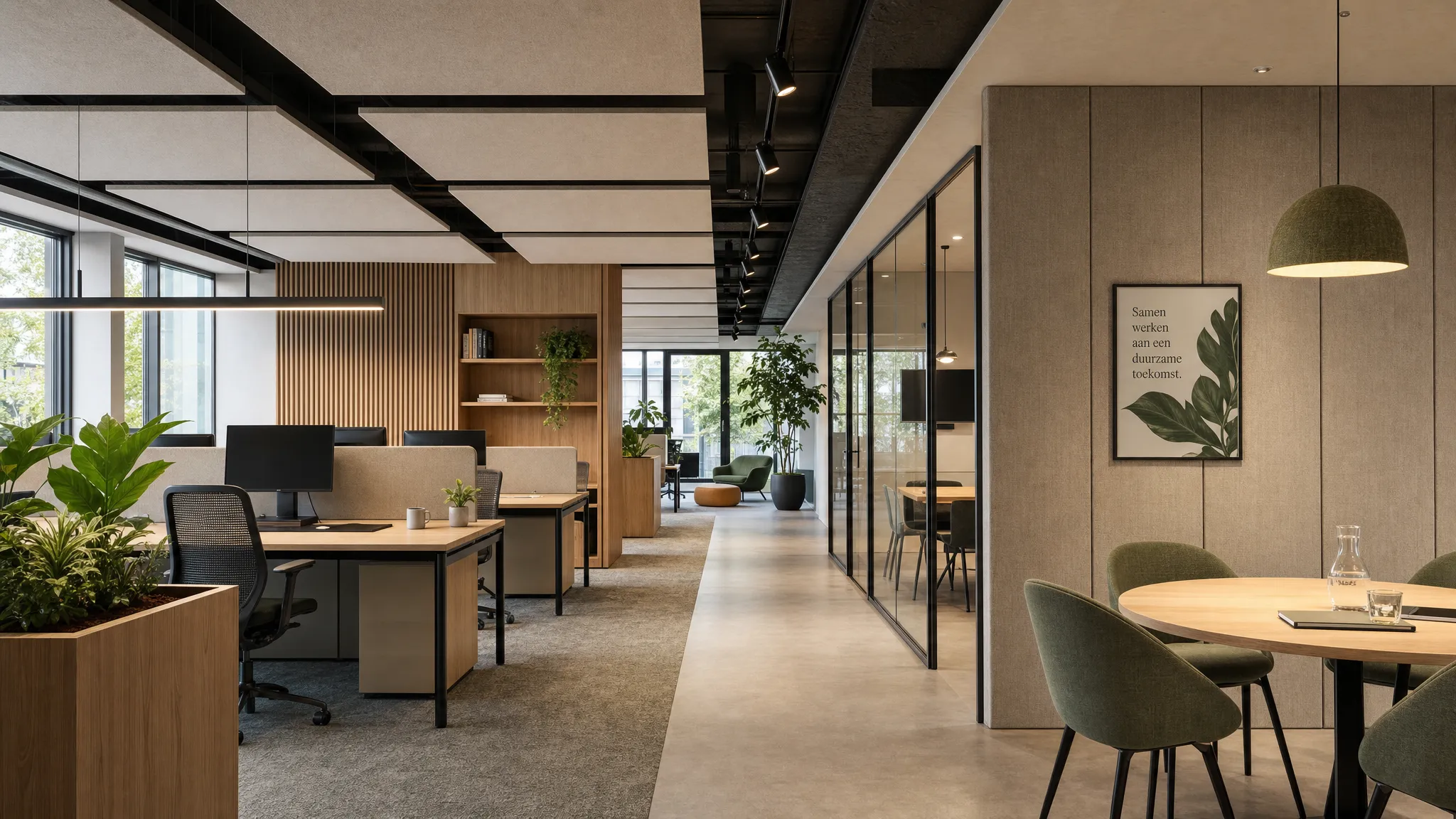 Een modern kantoorinterieur met akoestische plafondpanelen boven werkplekken en textielbeklede wandpanelen langs overlegzones, met een rustige uitstraling en natuurlijke materialen.