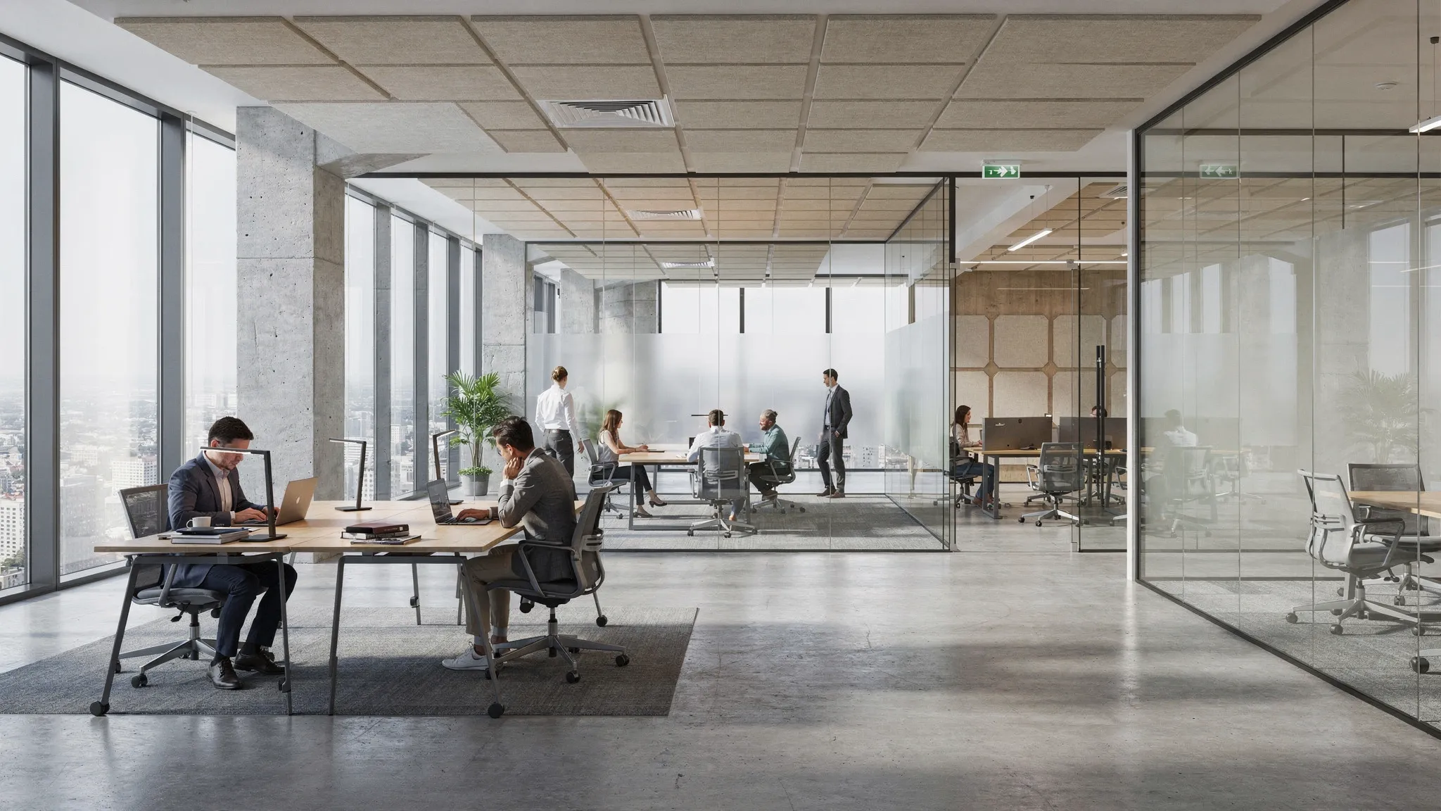 Een modern kantoorinterieur met harde materialen (glas en beton) waarin akoestische plafond- en wandpanelen subtiel zijn geïntegreerd. Medewerkers zitten verspreid, er zijn vergaderzones en werkplekken, en de panelen sluiten qua kleur en textuur aan op het interieur.