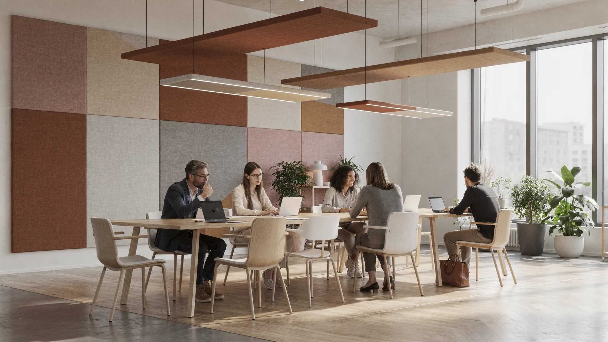 Een modern kantoorinterieur met rustige werkzones, akoestische wandpanelen in warme textielkleuren en zwevende plafondpanelen boven overlegtafels.