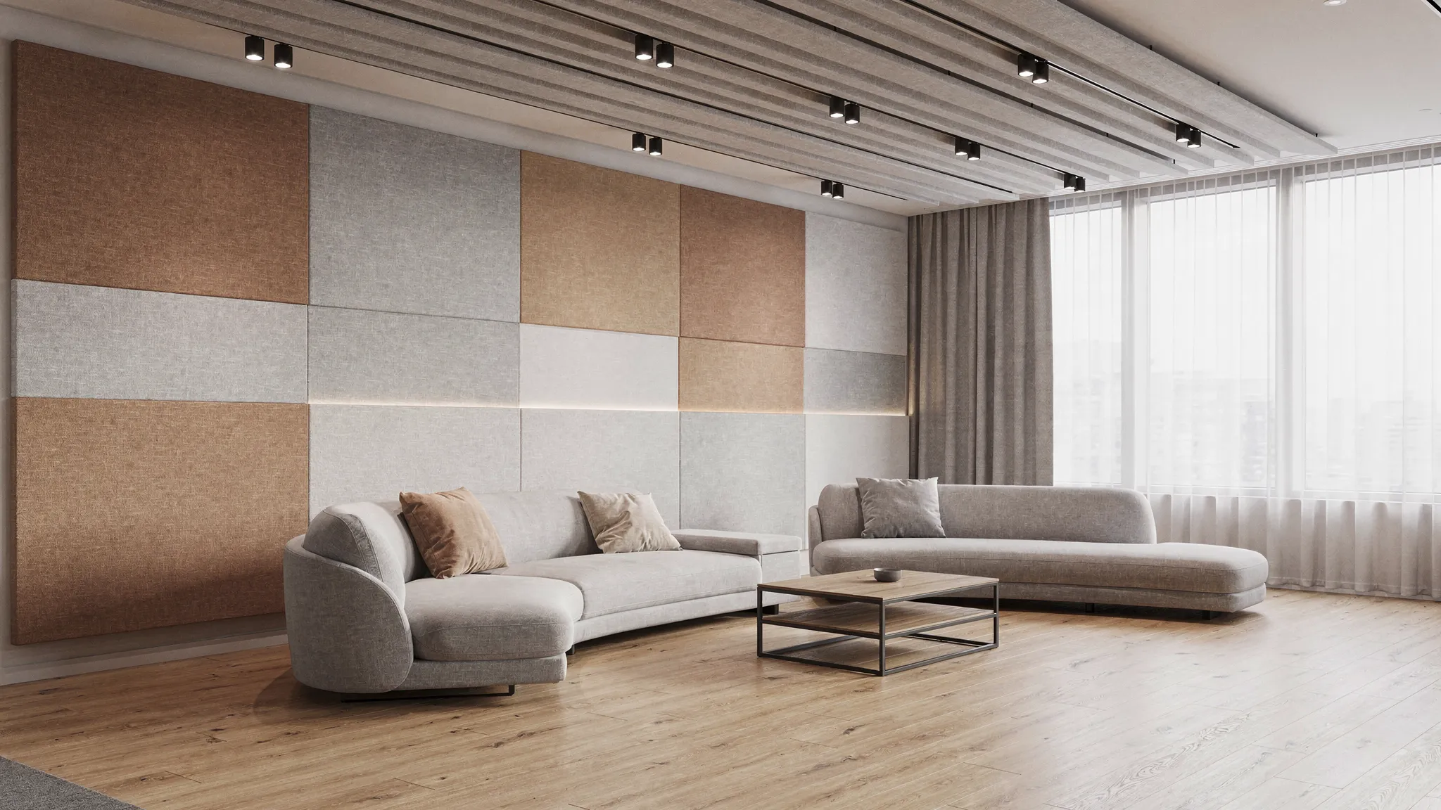 Een modern kantoorinterieur met zachte zitplekken, akoestische wandpanelen en plafondpanelen die rust, comfort en hoogwaardige afwerking uitstralen.