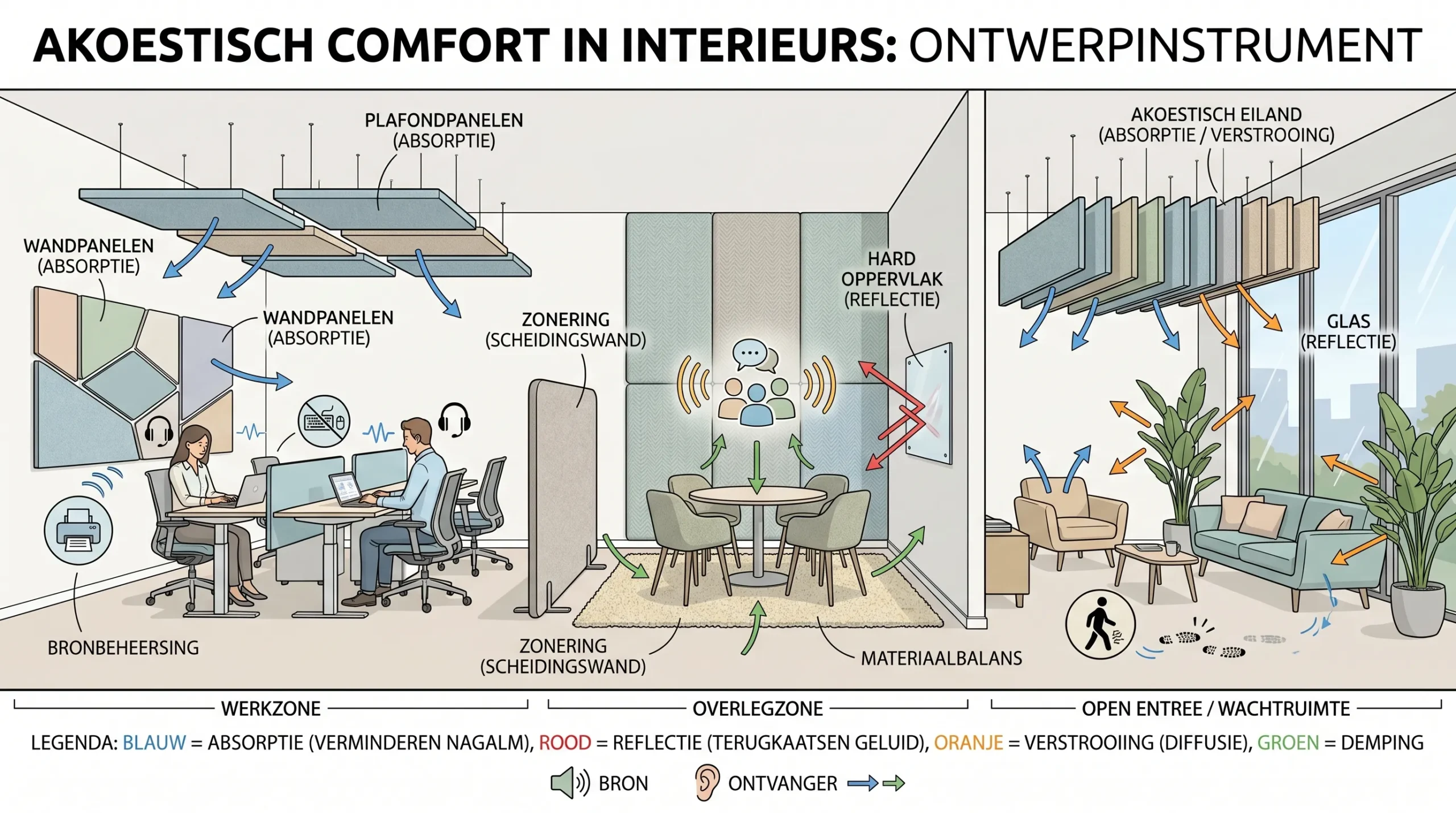 Een moderne kantoorruimte met akoestische plafondpanelen, zachte wandafwerking, werkzones en overlegplekken die samen een rustige en comfortabele sfeer creëren.