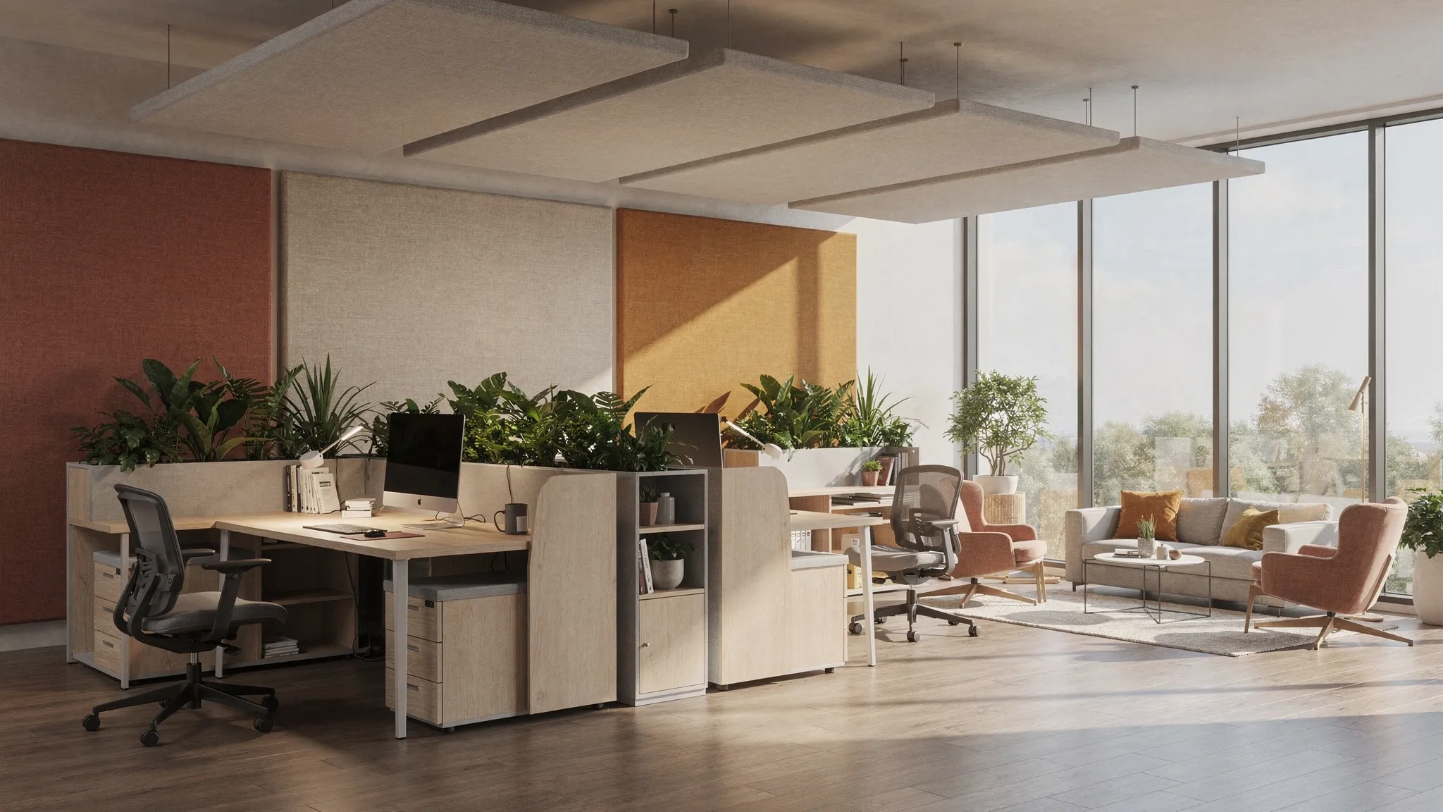 Een moderne kantoorruimte met rustige werkplekken, akoestische plafondpanelen boven de bureaus, textiele wandpanelen in warme kleuren en een open maar gebalanceerde indeling met planten en comfortabele zitplekken.