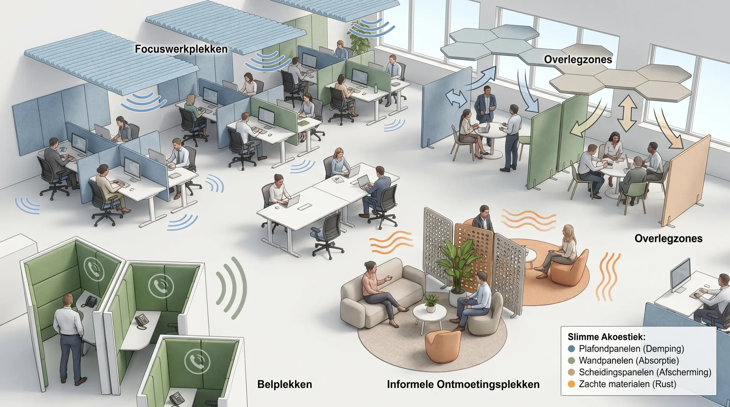 Een moderne kantoortuin met rustige werkzones, akoestische plafondpanelen, wandpanelen met textiele afwerking, zachte zitplekken en duidelijke zones voor overleg en geconcentreerd werken.
