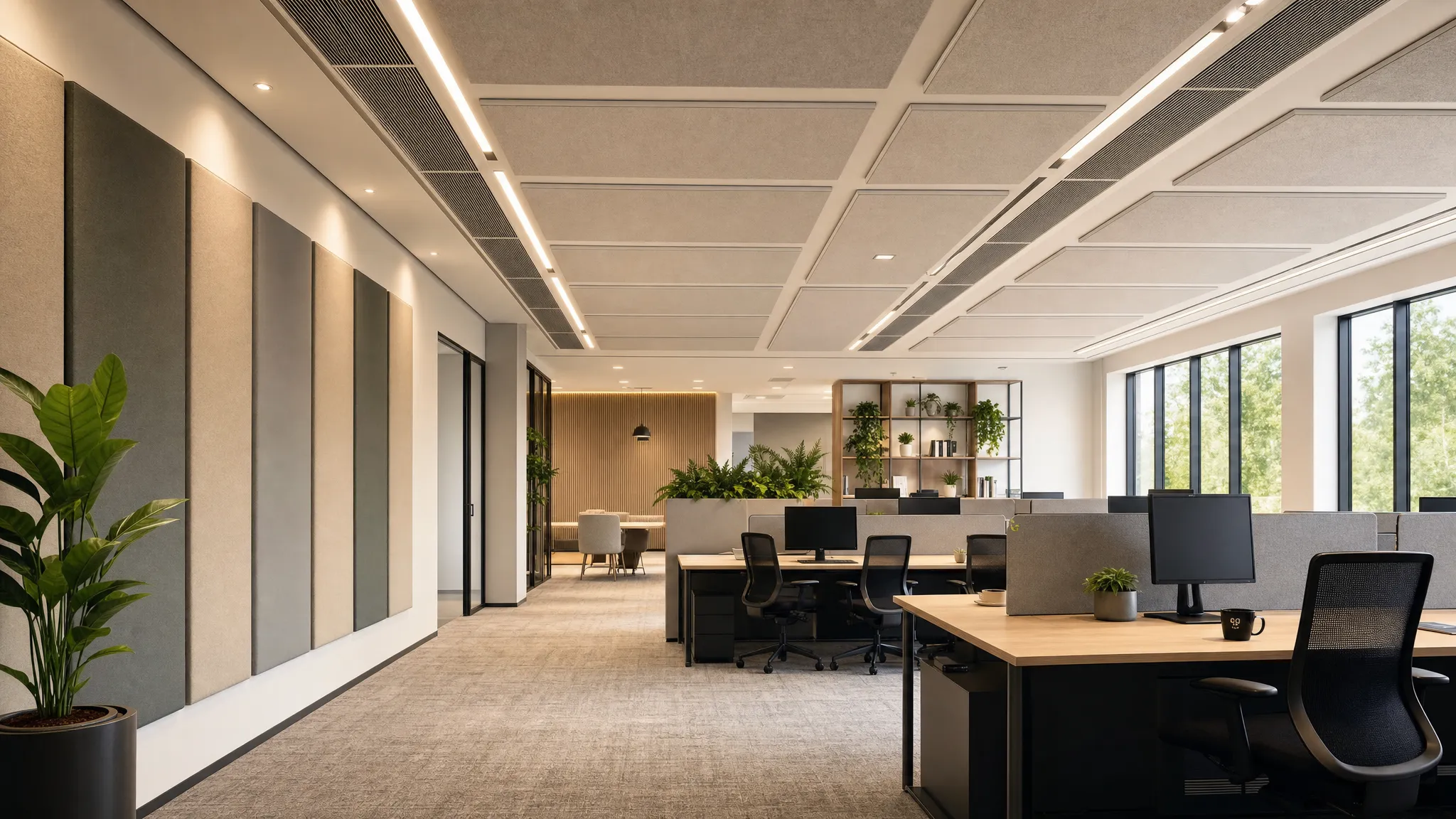 Een open kantoorinterieur met rustige werkplekken, akoestische wandpanelen langs de randen en plafondpanelen die zijn geïntegreerd tussen verlichting en ventilatie.