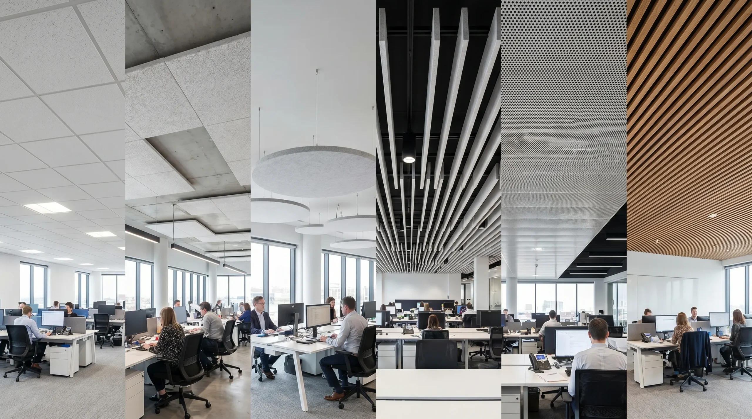 Een overzichtelijke vergelijking van zes plafondoplossingen in één interieur: systeemplafond met raster, direct gemonteerde panelen, vrijhangende plafondeilanden, verticale baffles, geperforeerd plafond met backing en een houten lattenplafond met absorberende laag.