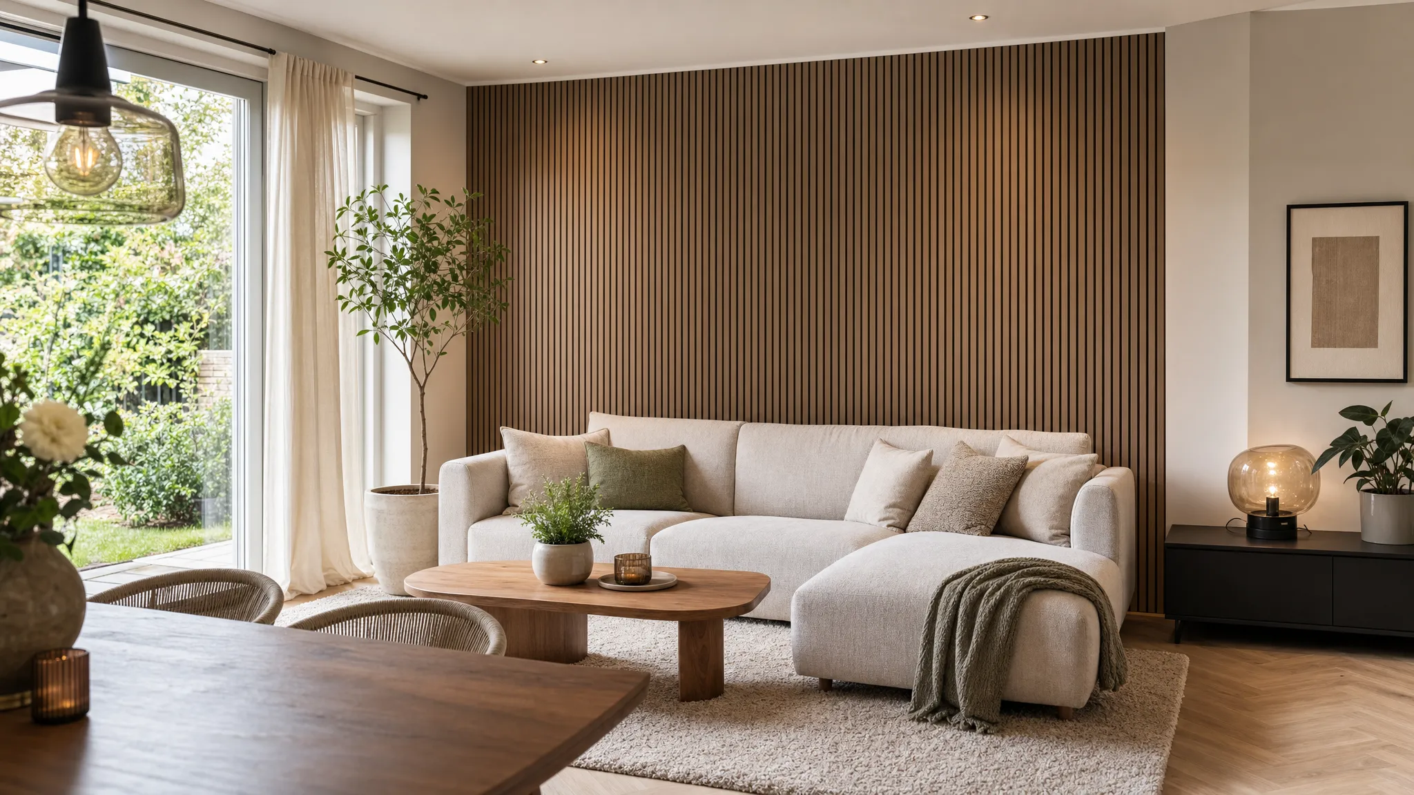 Een rustige woonkamerwand met akoestische panelen achter de zithoek, gezien vanaf de eettafelzijde, met een bank, vloerkleed en houten salontafel op de voorgrond en veel daglicht van buiten.