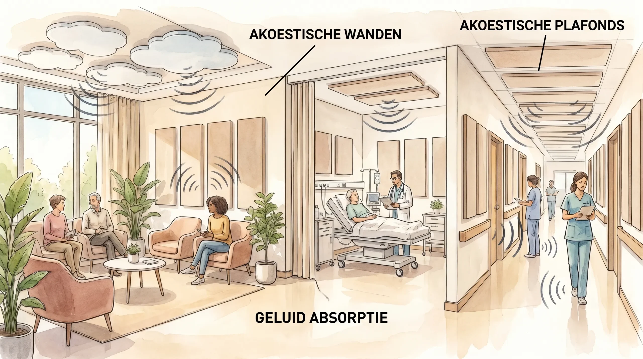 Een rustige zorgomgeving met een wachtruimte, behandelkamer en gang waarin plafondpanelen en wandpanelen geluid absorberen. De illustratie laat zien hoe geluid van stemmen, apparatuur en looproutes wordt beperkt door strategisch geplaatste akoestische elementen.
