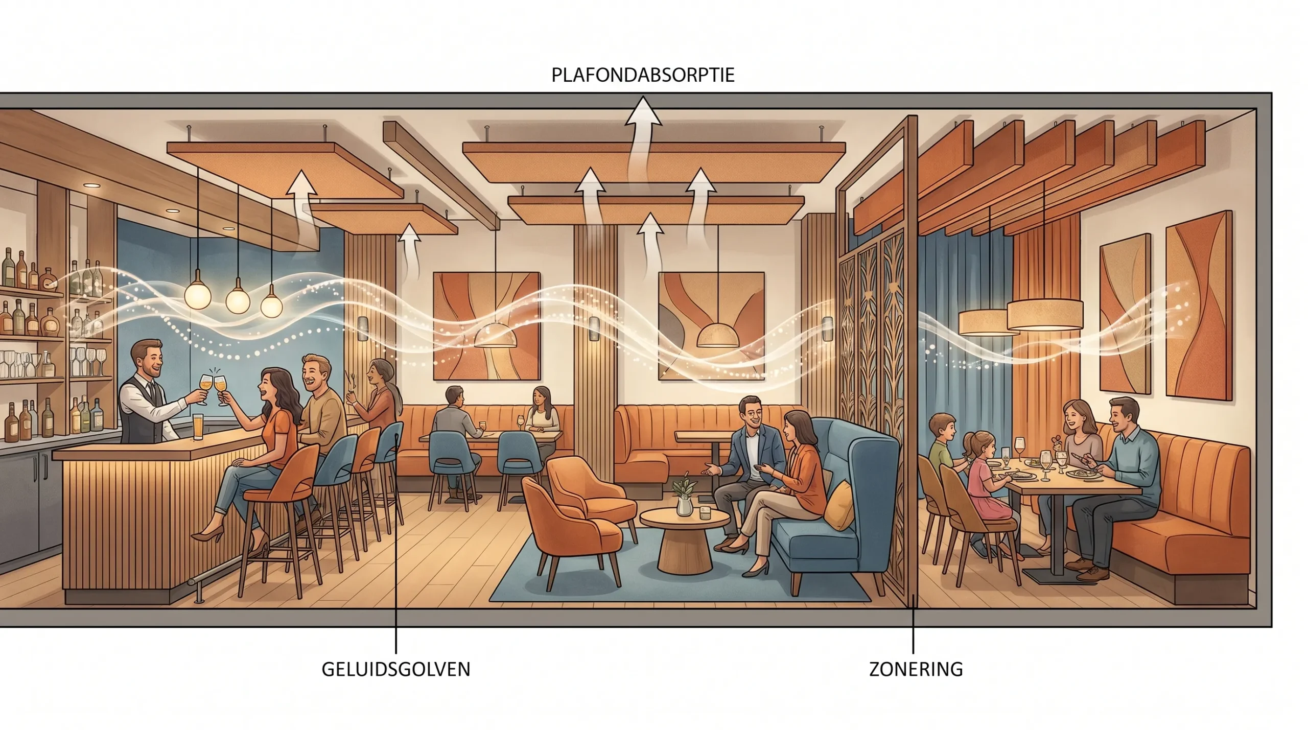 Een sfeervol restaurantinterieur met comfortabele zitbanken, tafels met gasten, akoestische plafondeilanden boven de zitgedeeltes en textiele wandpanelen die subtiel zijn geïntegreerd in warme wandafwerkingen.
