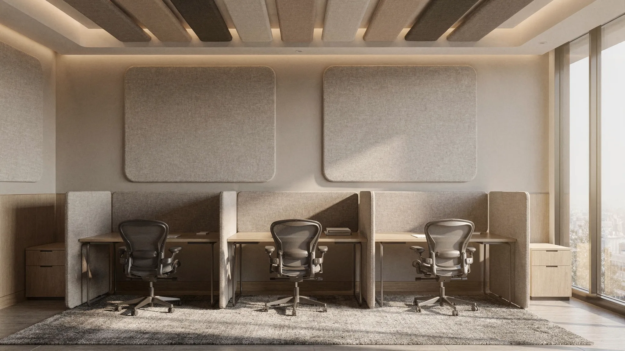 Een stijlvol interieur met akoestische wandpanelen en plafondpanelen die subtiel zijn geïntegreerd in het kleurenpalet, met rustige werkplekken, zachte materialen en een hoogwaardige uitstraling.
