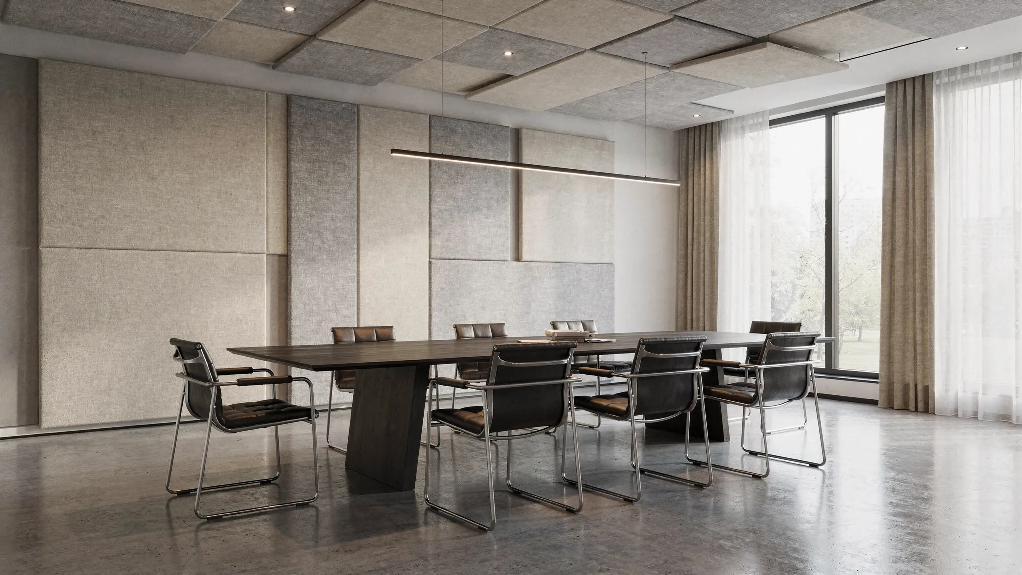 Een stijlvol interieur met luxe akoestische wand- en plafondpanelen in rustige kleuren. De ruimte toont een vergaderopstelling met veel harde materialen, waarbij de panelen subtiel zijn geïntegreerd voor een high-end uitstraling en akoestisch comfort.