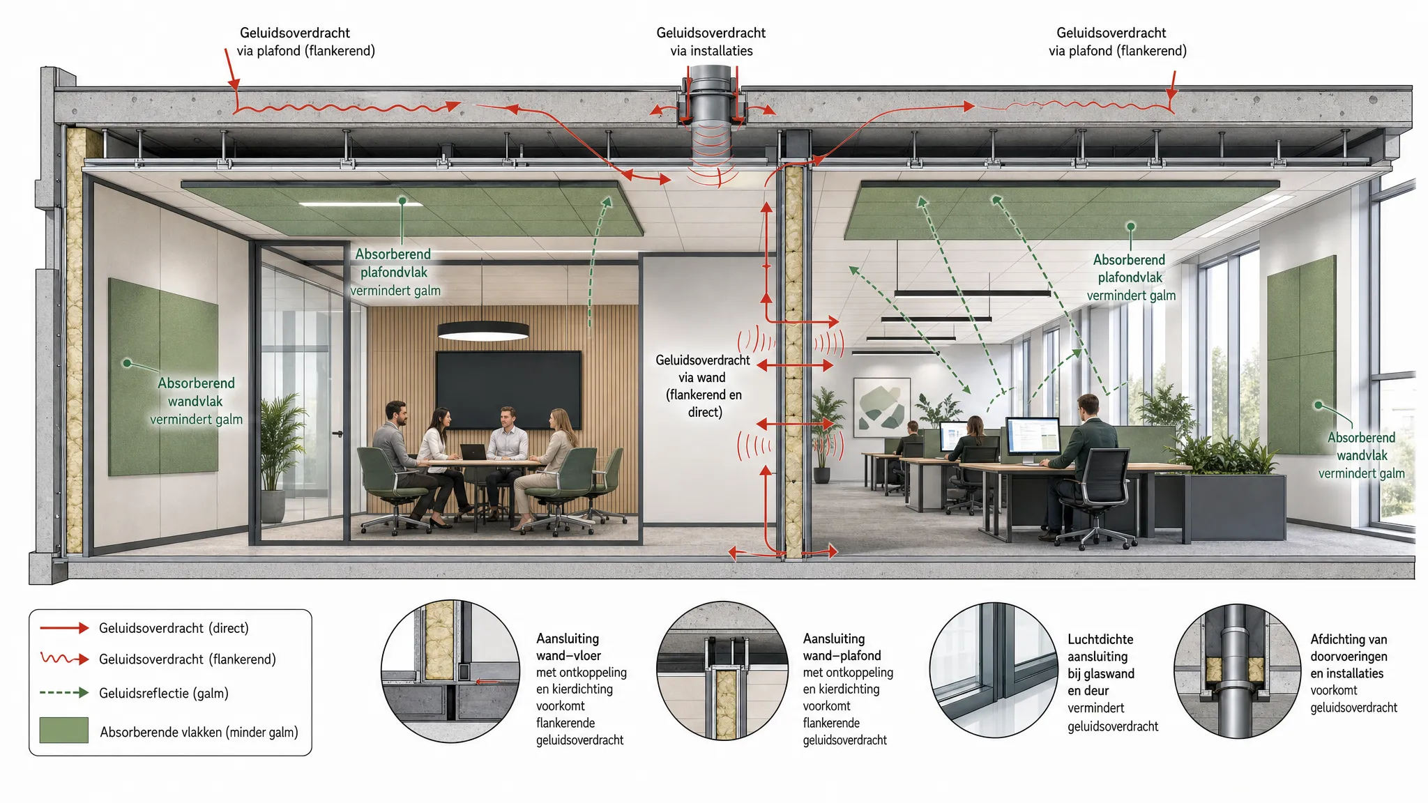 Een technische doorsnede van een kantoor met een vergaderruimte naast een open werkvloer, waarin pijlen de geluidsoverdracht door wand, plafond en aansluitingen tonen en absorberende wand- en plafondvlakken de galm binnen de ruimte verminderen.