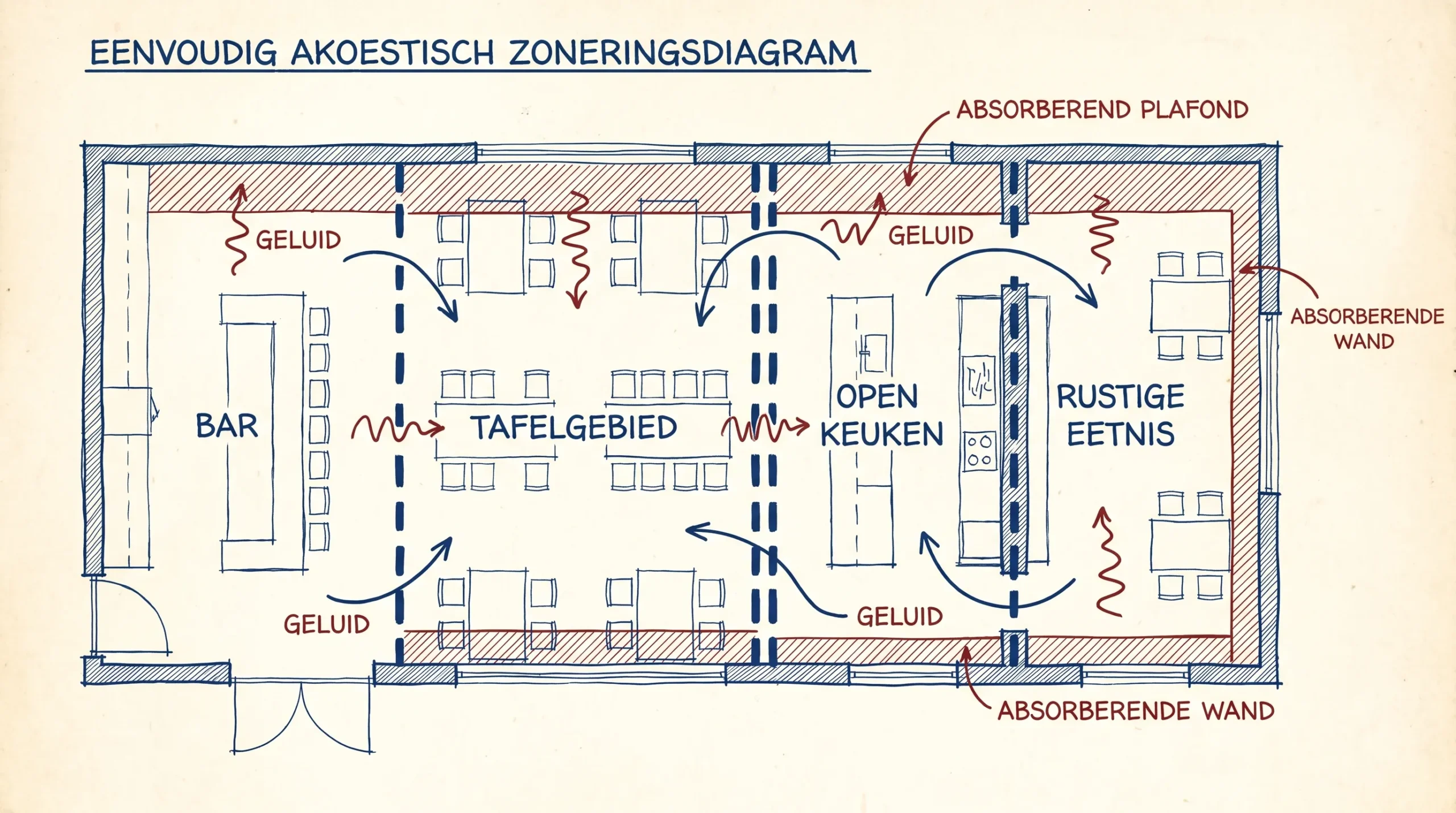 Eenvoudig akoestisch zoneringsdiagram van een restaurant met vier zones: bar, tafelgebied, open keuken en rustige eetnis. Pijlen tonen geluidsbewegingen en markeringen tonen absorberende plafond- en wandvlakken die geluid per zone sturen.