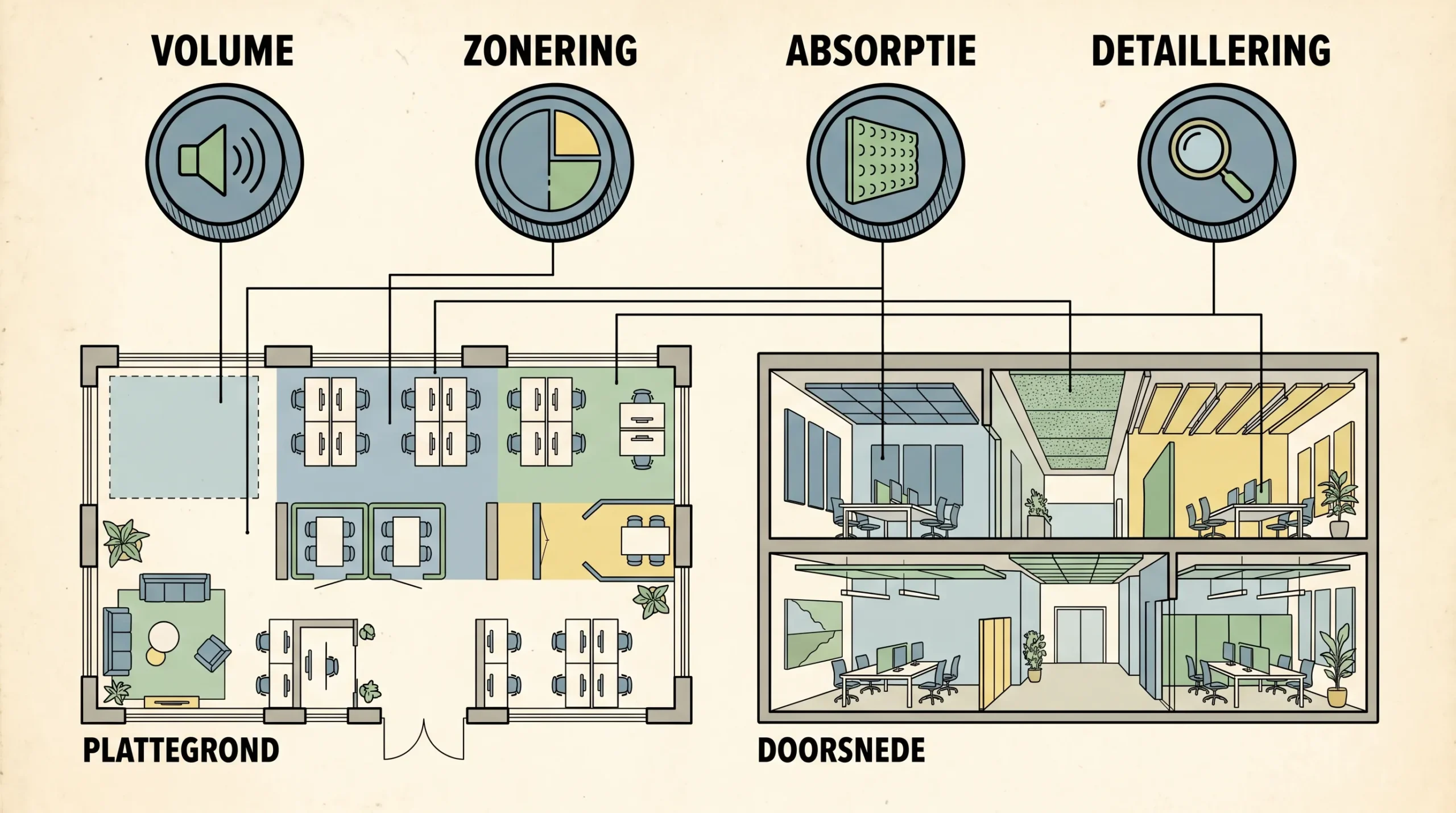 Eenvoudige illustratie van een interieurontwerp met vier akoestische ontwerpknoppen: volume, zonering, absorptie en detaillering, verbonden met een plattegrond en doorsnede van een kantoorruimte.