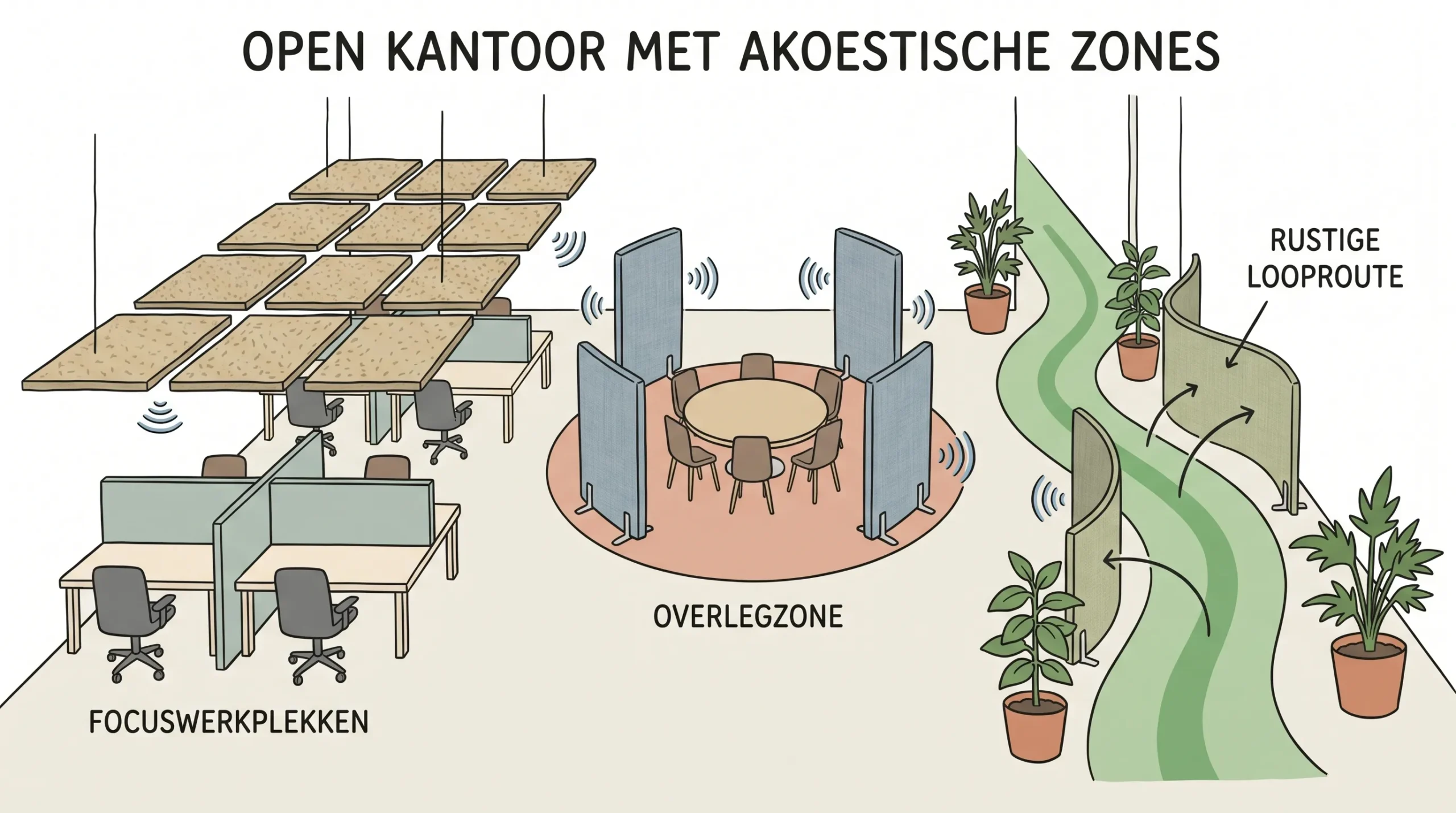 Eenvoudige illustratie van een open kantoor met drie akoestische zones: focuswerkplekken met absorberend plafond, overlegzone met wandpanelen en een rustige looproute die directe spraaklijnen doorbreekt.