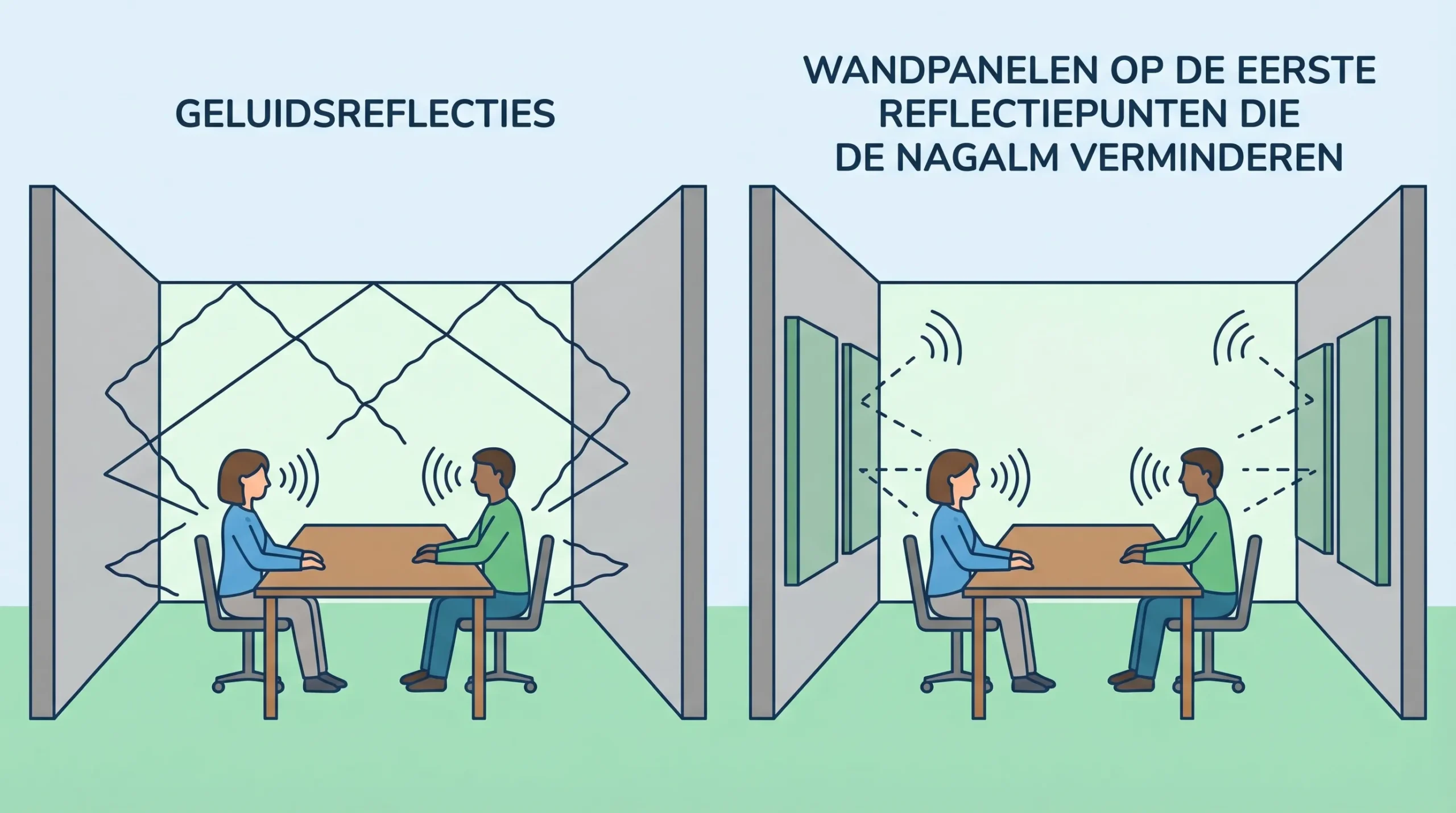 Eenvoudige illustratie van een vergaderruimte met geluidsreflecties tussen harde wanden, en wandpanelen op de eerste reflectiepunten die de nagalm verminderen.