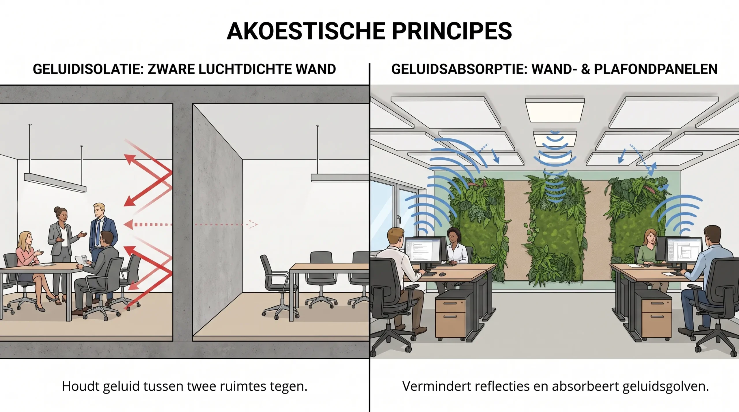 Eenvoudige illustratie van twee akoestische principes naast elkaar: links een zware luchtdichte wand in een vergaderruimte die geluid tussen twee ruimtes tegenhoudt, rechts een open kantoorruimte met wand- en plafondpanelen die geluidsgolven absorberen en reflecties verminderen.