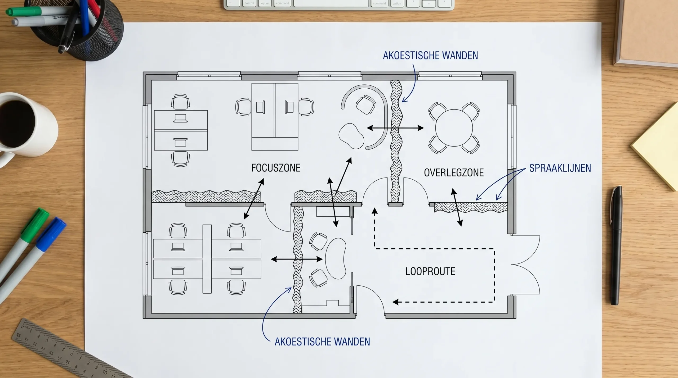 Eenvoudige kantoorplattegrond met een focuszone, overlegzone, looproute en strategisch geplaatste akoestische kantoorwanden die spraaklijnen doorbreken en rustiger werkgebieden vormen.
