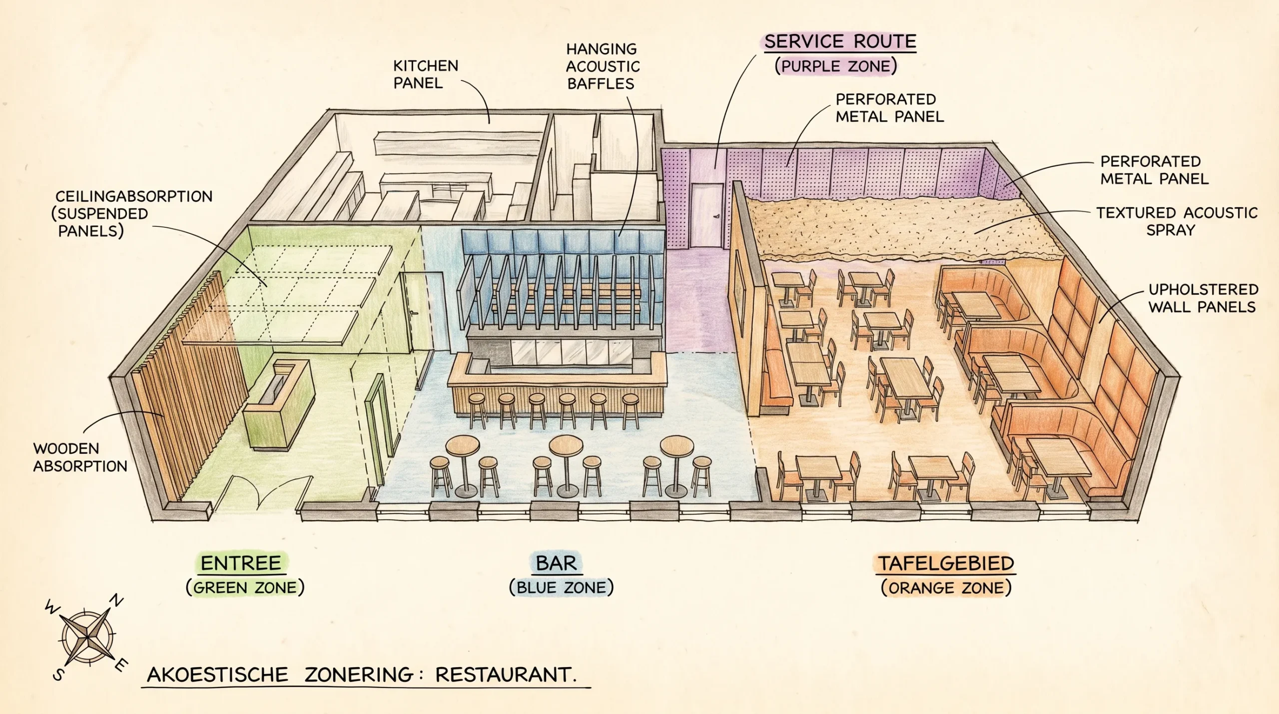 Eenvoudige plattegrond van een restaurant met vier akoestische zones: entree, bar, tafelgebied en service route. Per zone zijn plafond- en wandabsorptie subtiel aangeduid als onderdeel van het interieurontwerp.
