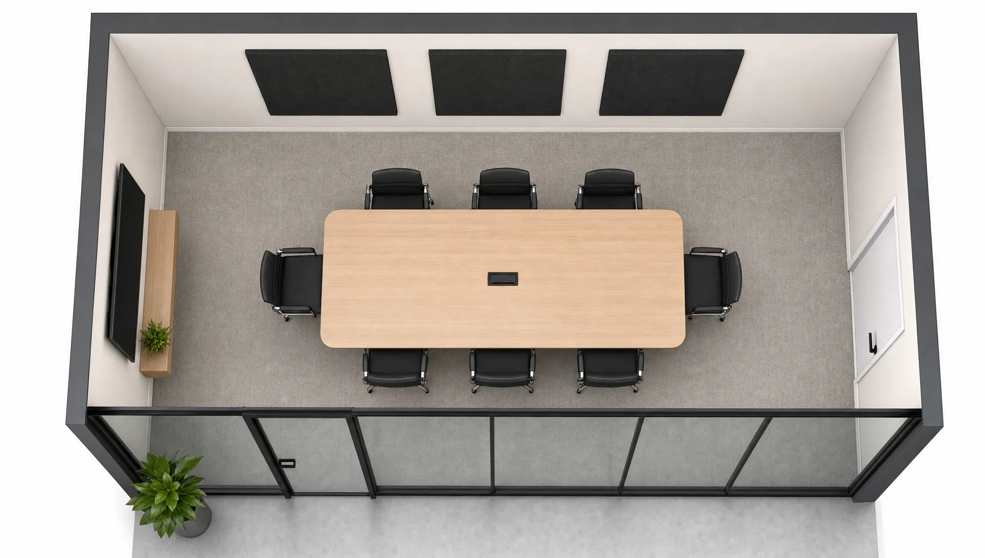 Eenvoudige plattegrond van een vergaderruimte met een tafel, stoelen, een harde glaswand en drie zwarte akoestische wandpanelen op de tegenoverliggende reflectiewand om galm en spraakreflecties te beperken.