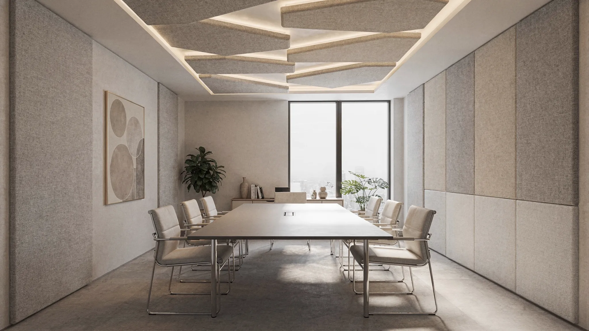 Fotorealistische scène van een modern kantoorinterieur met luxe akoestische plafondpanelen en wandpanelen in textielafwerking, met neutrale kleuren, vergadertafel en rustige sfeer.