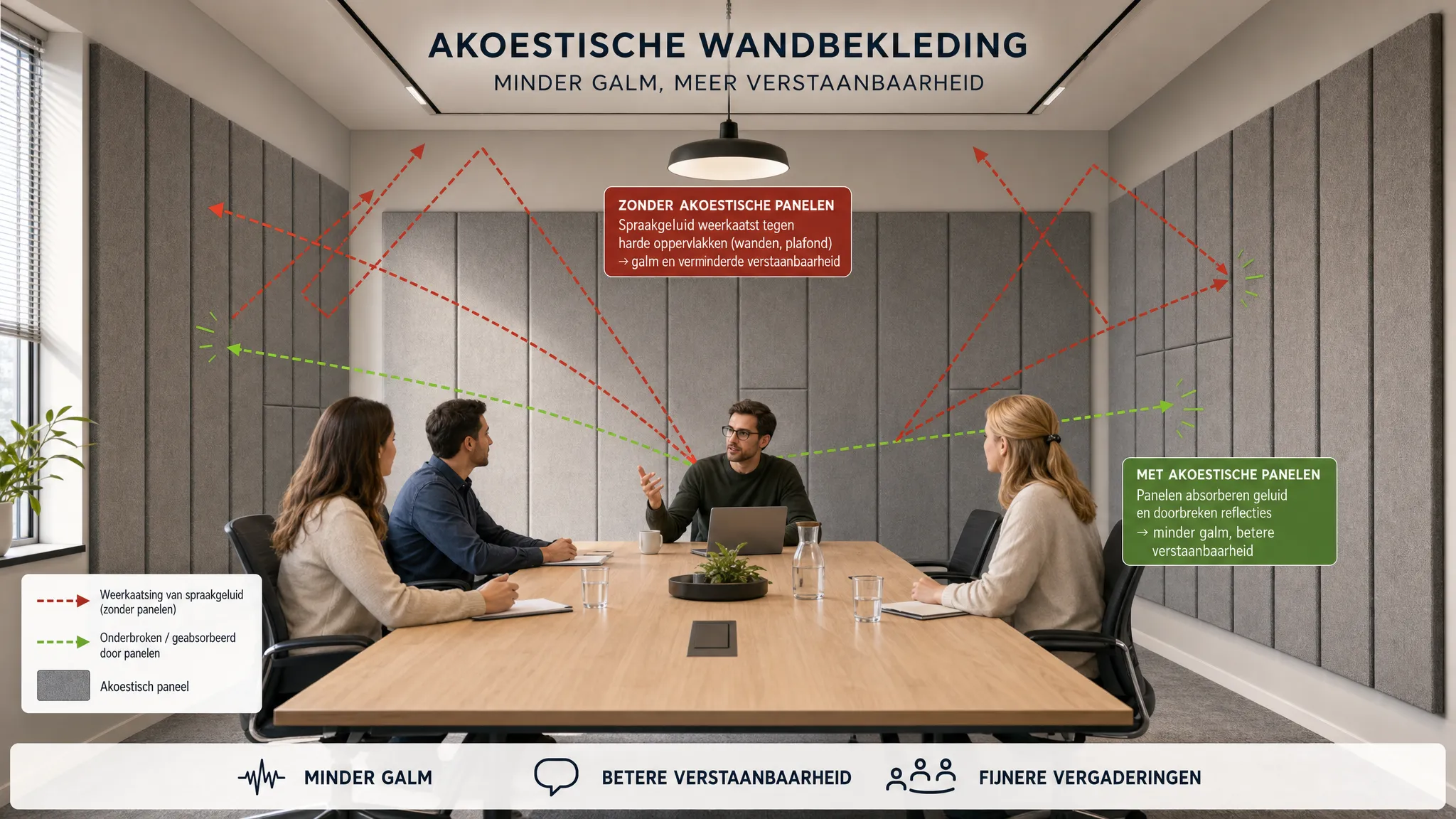 Illustratie van een moderne vergaderruimte met akoestische wandbekleding op de zijwanden en achterwand, waarbij pijlen de weerkaatsing van spraakgeluid laten zien en hoe de panelen die reflecties onderbreken.