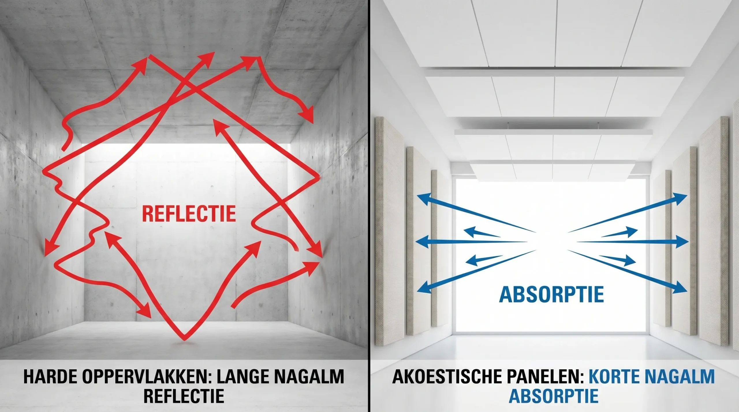 Illustratie van een ruimte met harde oppervlakken waar geluidsgolven reflecteren (lange nagalm) naast dezelfde ruimte met akoestische plafond- en wandpanelen die geluid absorberen (korte nagalm), met pijlen die reflectie versus absorptie tonen.