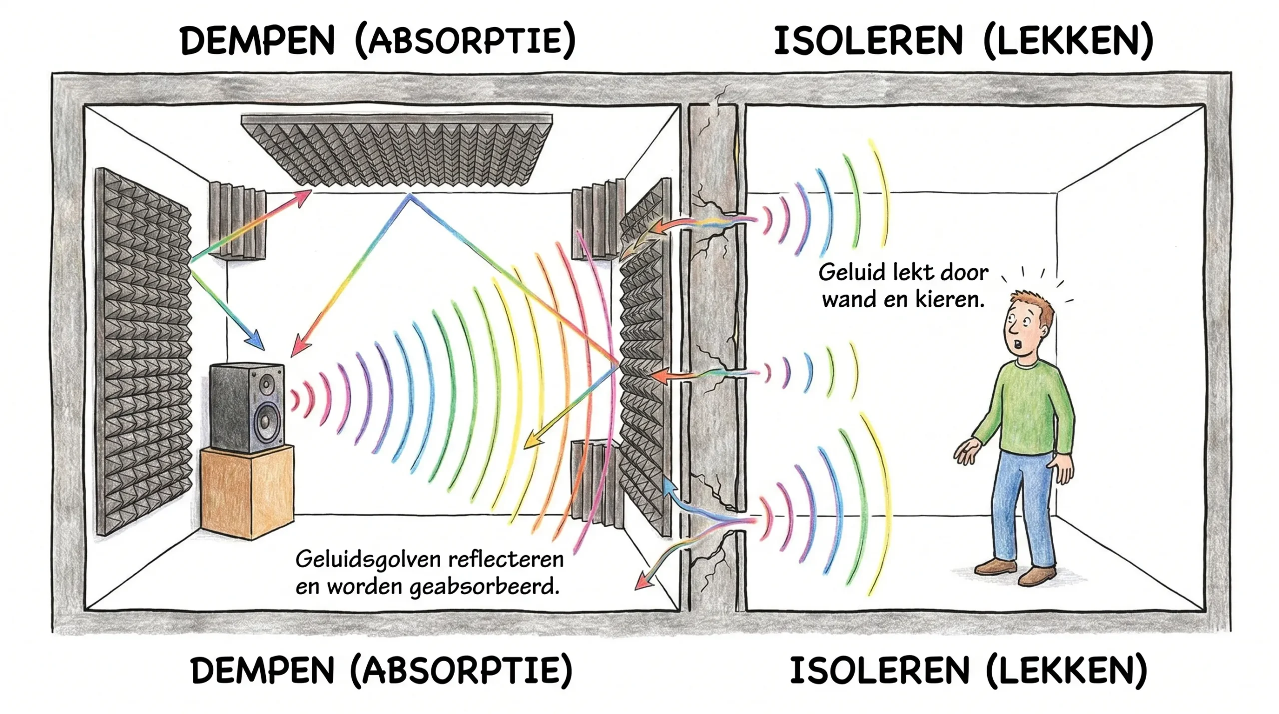 Illustratie van twee aangrenzende ruimtes: links geluidsgolven die binnen de ruimte reflecteren en door absorberende panelen worden geabsorbeerd (dempen), rechts geluid dat door een wand en via kieren naar de andere ruimte lekt (isoleren).