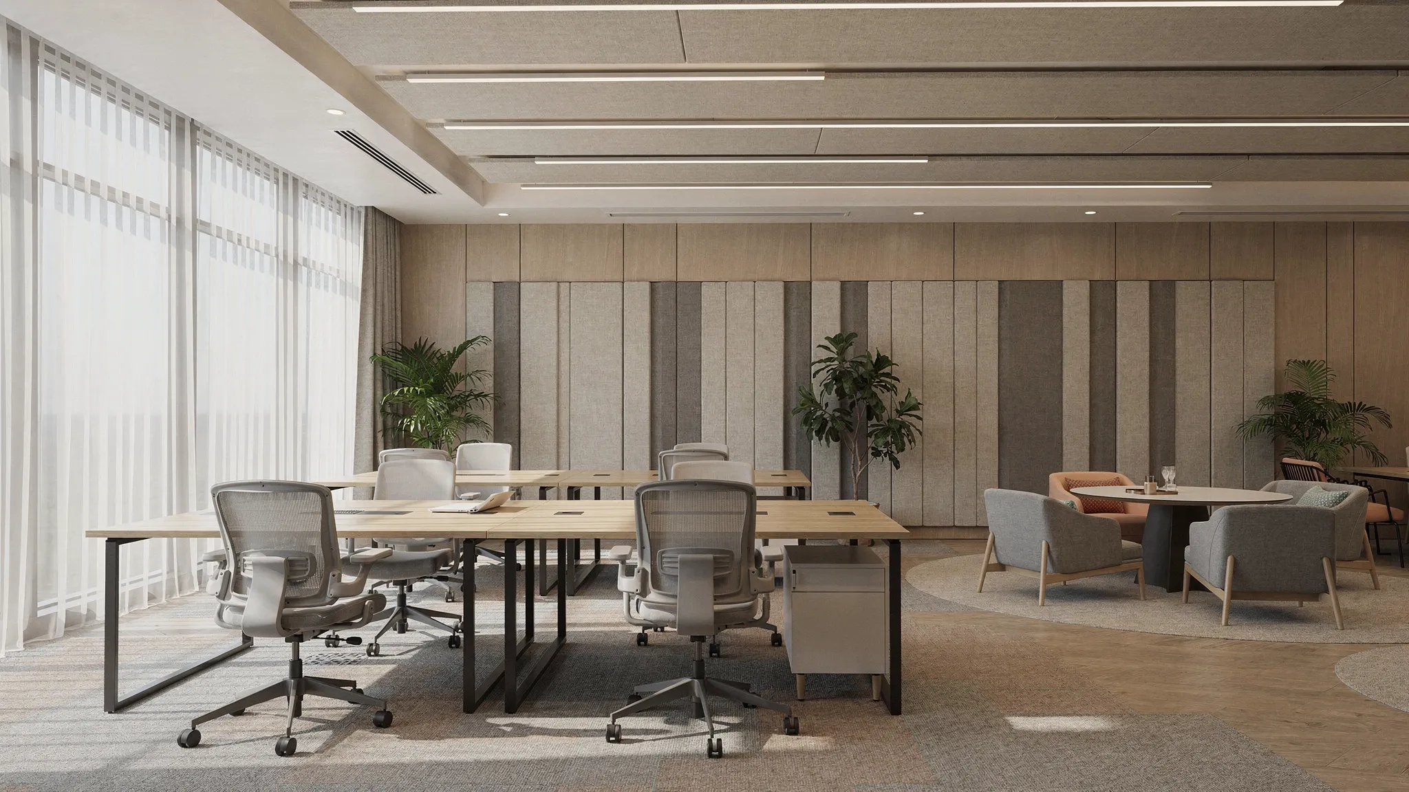 Modern kantoorinterieur met akoestische plafondpanelen en wandpanelen die subtiel zijn geïntegreerd in een luxe, rustig ontwerp met werkplekken, overlegzones en zachte materialen.
