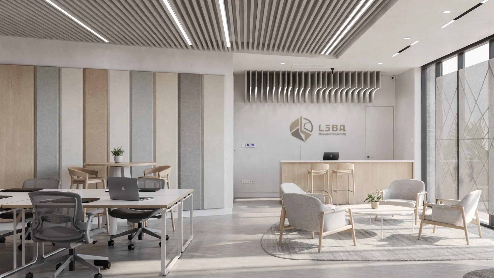 Modern kantoorinterieur met akoestische plafondpanelen en wandpanelen die subtiel zijn geïntegreerd in werkzones, overlegplekken en een ontvangstgebied.