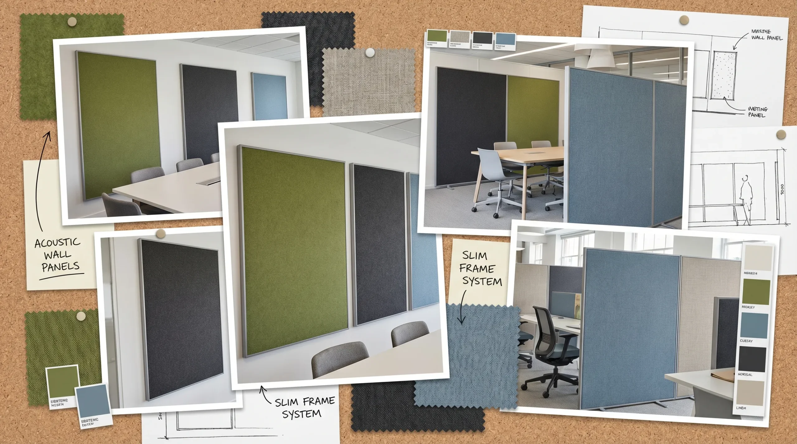 Moodboard-achtige visual met verschillende wandpanelen in textielafwerkingen, kleurvlakken en slanke frames, toegepast in kantoor- en vergaderomgevingen.