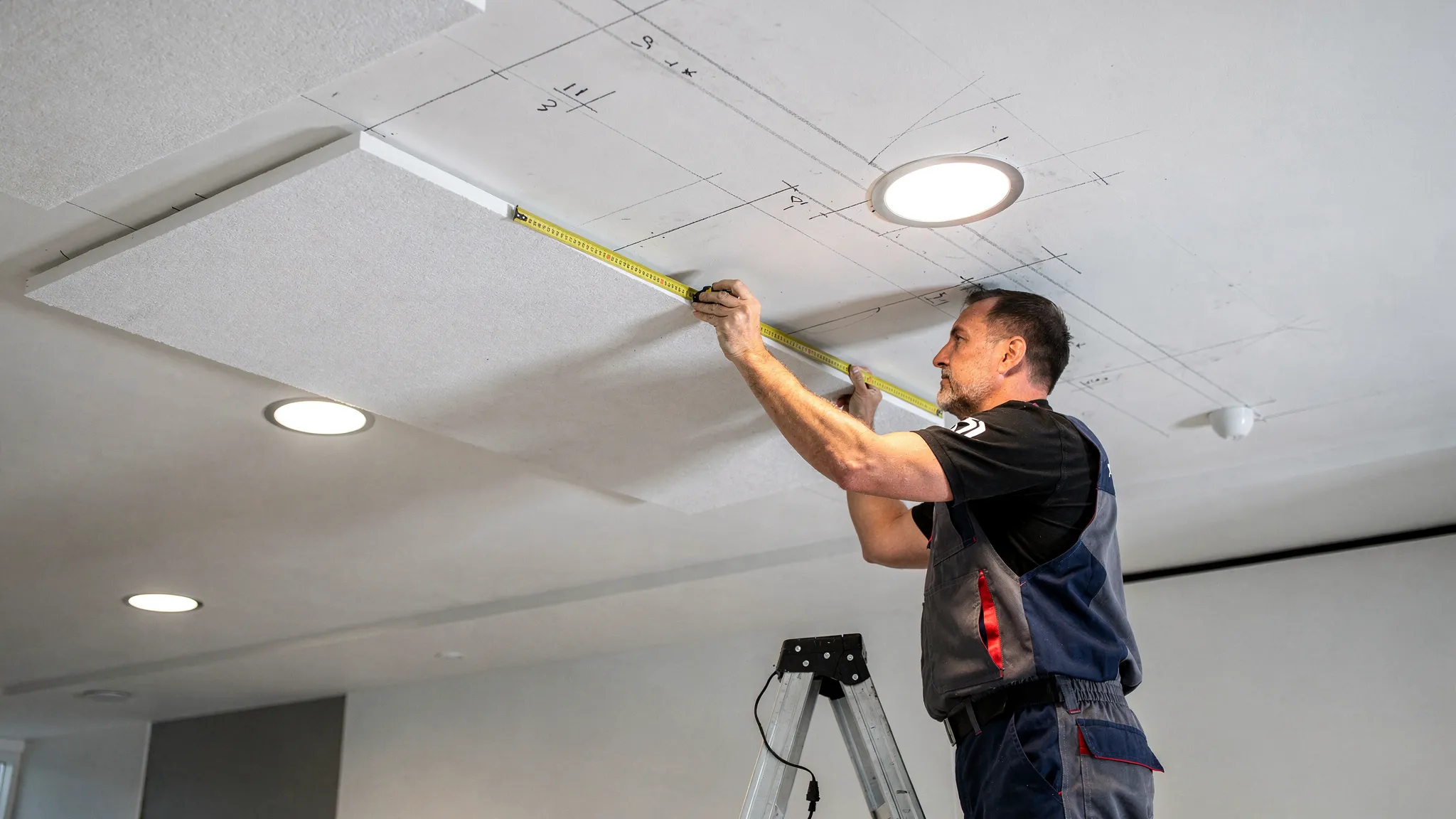 Praktijkbeeld van montage van akoestische plafondpanelen met meetlint, markeringen op het plafond en een installateur die een paneel uitlijnt naast ingebouwde verlichting.