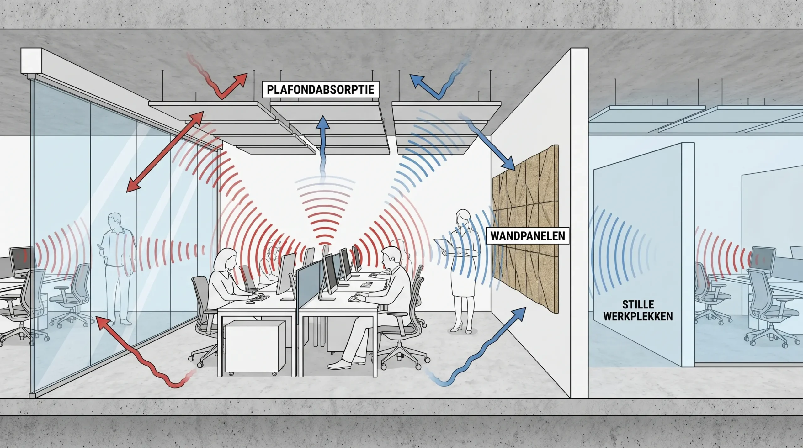 Schematische illustratie van een open kantoor met geluidsgolven die reflecteren tussen vloer, wanden en plafond, met gemarkeerde zones voor plafondabsorptie, wandpanelen en stille werkplekken.
