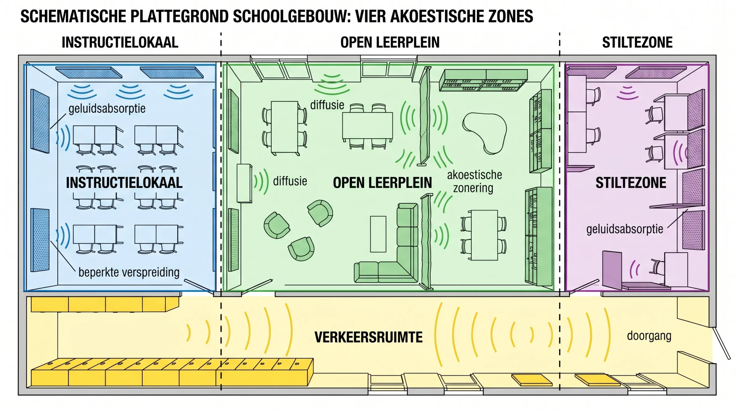 Schematische plattegrond van een schoolgebouw met vier akoestische zones: een instructielokaal, een open leerplein, een stiltezone en een verkeersruimte. Per zone wordt met eenvoudige geluidsgolven getoond hoe absorptie en zonering de verspreiding van geluid beperken.