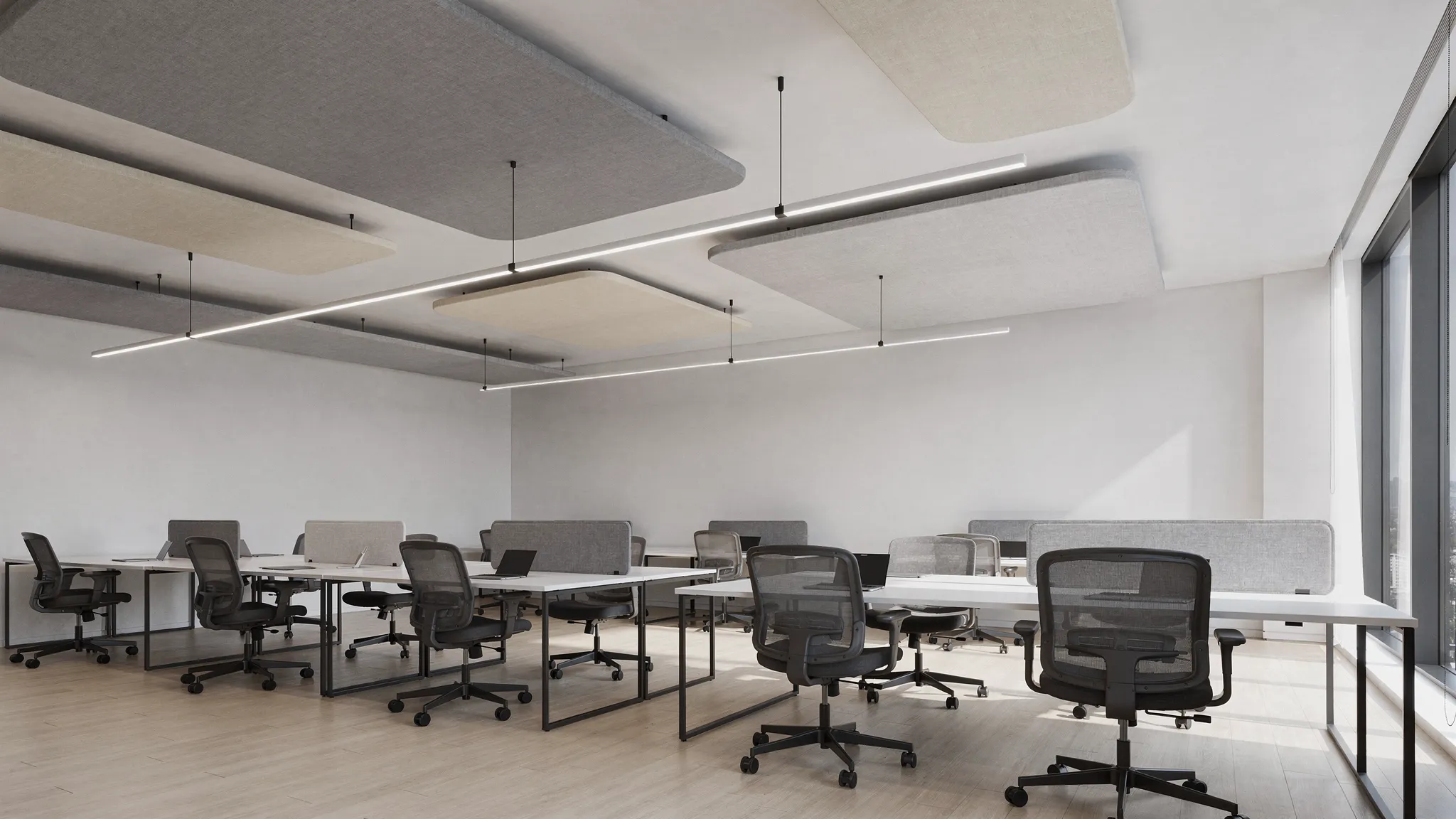 Strak kantoorinterieur met een rustig plafondbeeld: akoestische plafondeilanden boven werkzones, geïntegreerde lineaire verlichting en neutrale materialen.